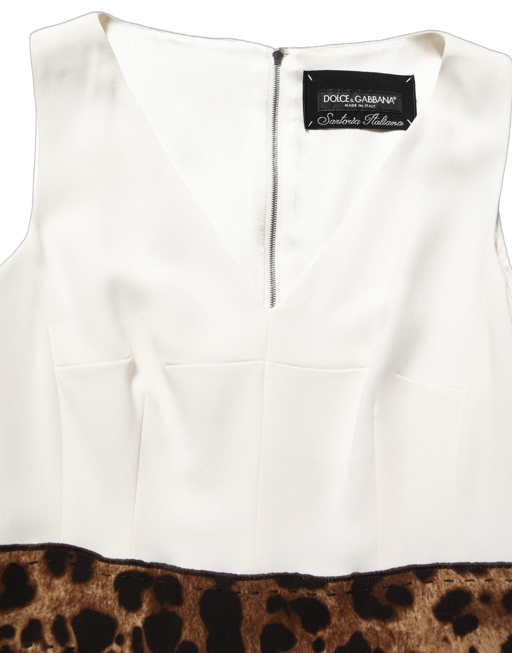 Robe midi sans manches de Dolce & Gabbana, blanche avec motif léopard, coupe ajustée et élégante.