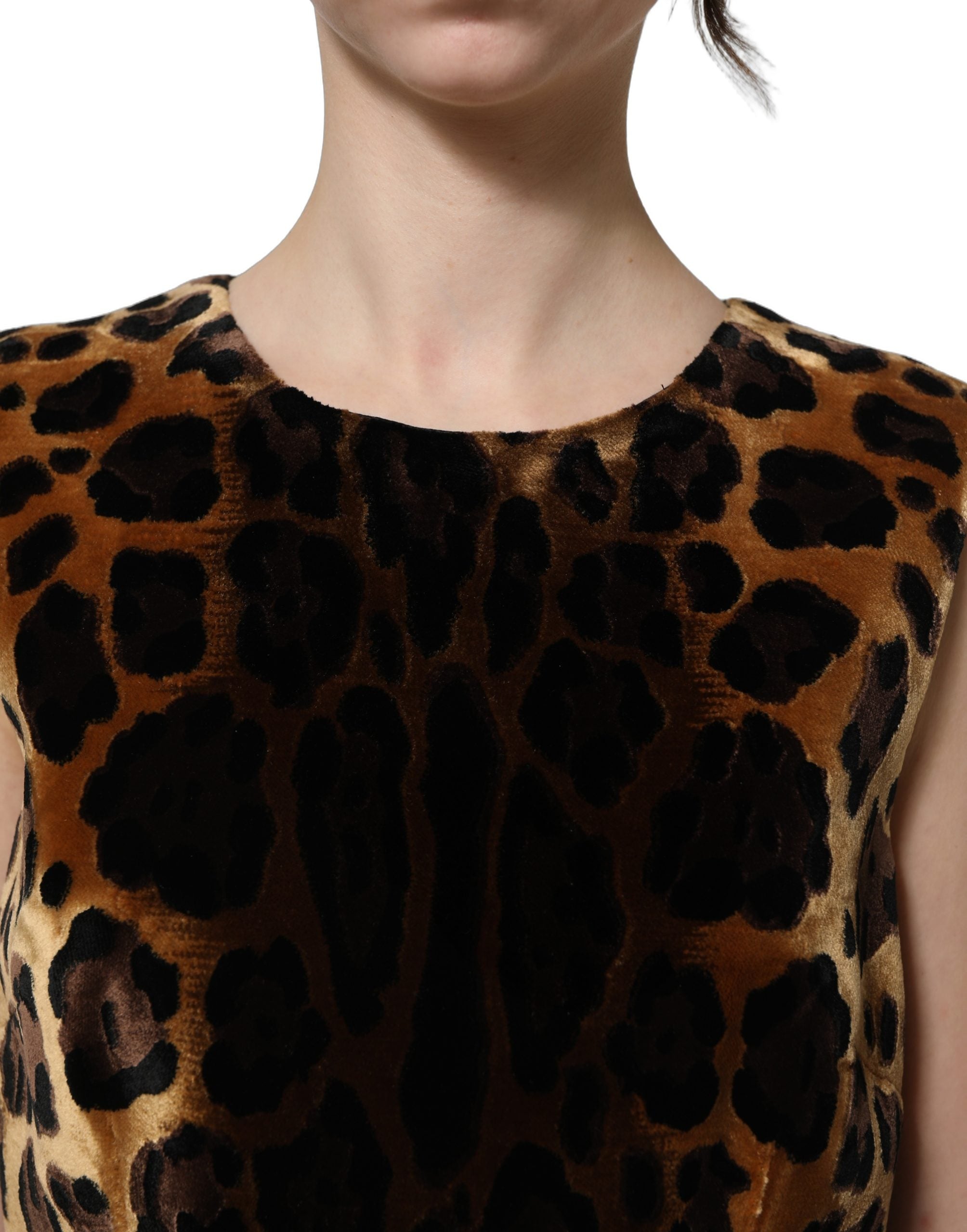 Robe bustier sans manches Dolce & Gabbana en coton marron avec motif léopard, coupe ajustée et courte.