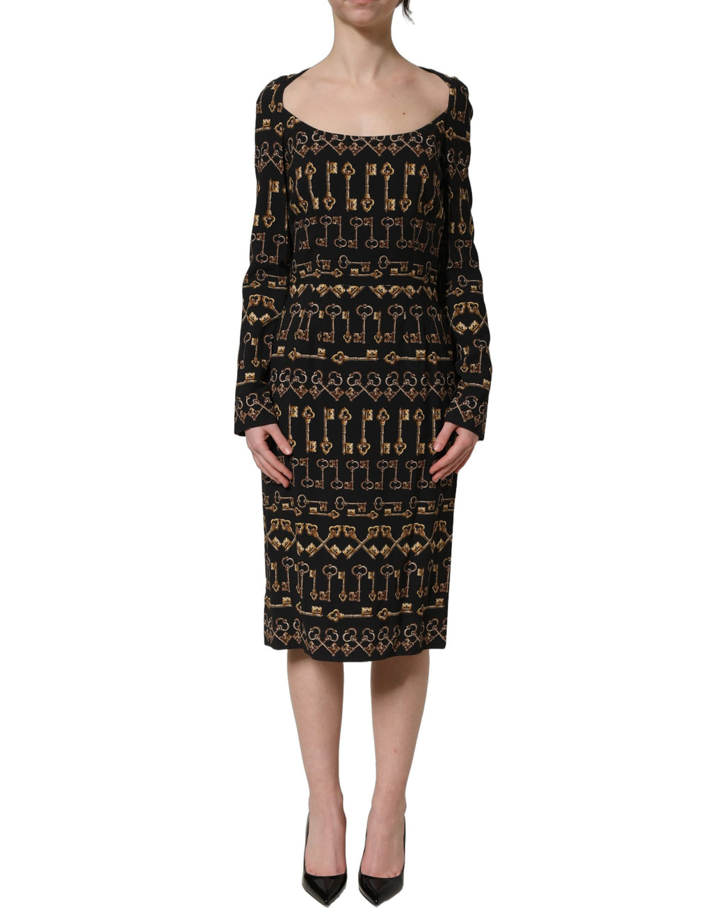 Robe midi noire Dolce & Gabbana à manches longues avec motif clé, coupe ajustée et style élégante.