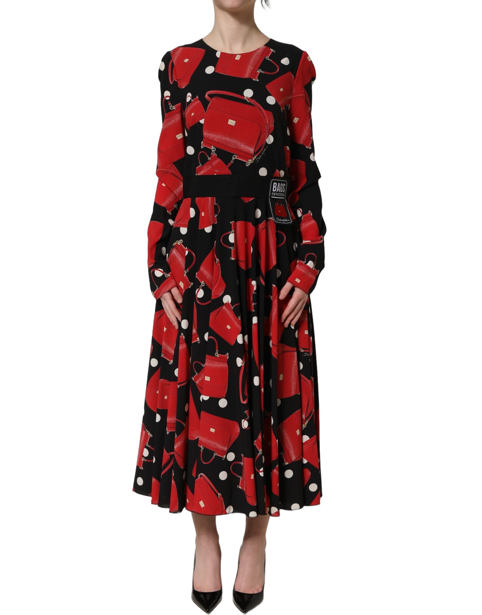 Robe midi longue à manches longues Dolce & Gabbana avec imprimé de sac à main noir, détail élégant et style sophistiqué.