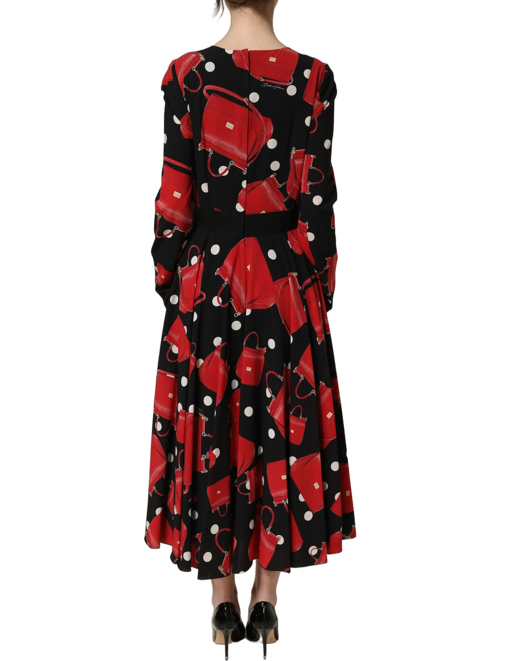 Robe midi à manches longues Dolce & Gabbana avec motif de sac à main noir, style élégant et sophistiqué.