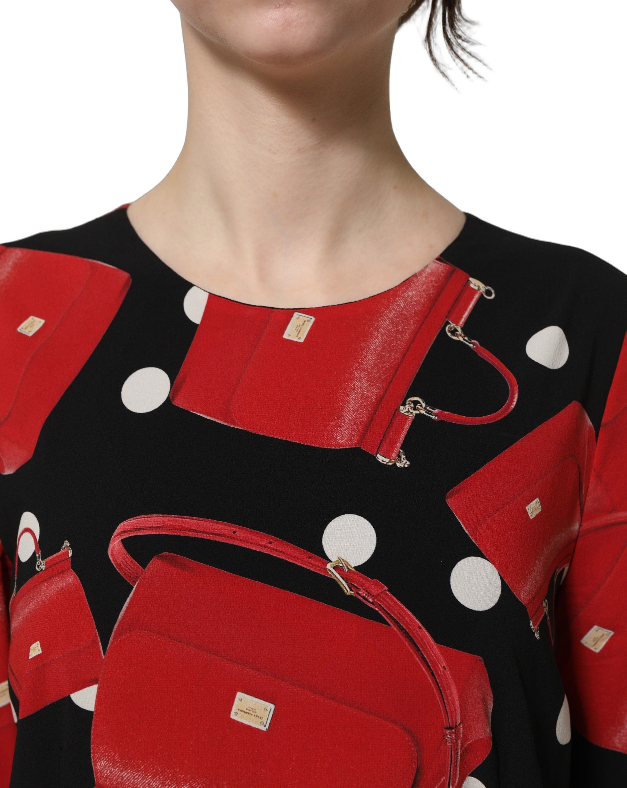 Robe midi longue à manches longues avec imprimé de sac à main noir Dolce & Gabbana, élégante et tendance.