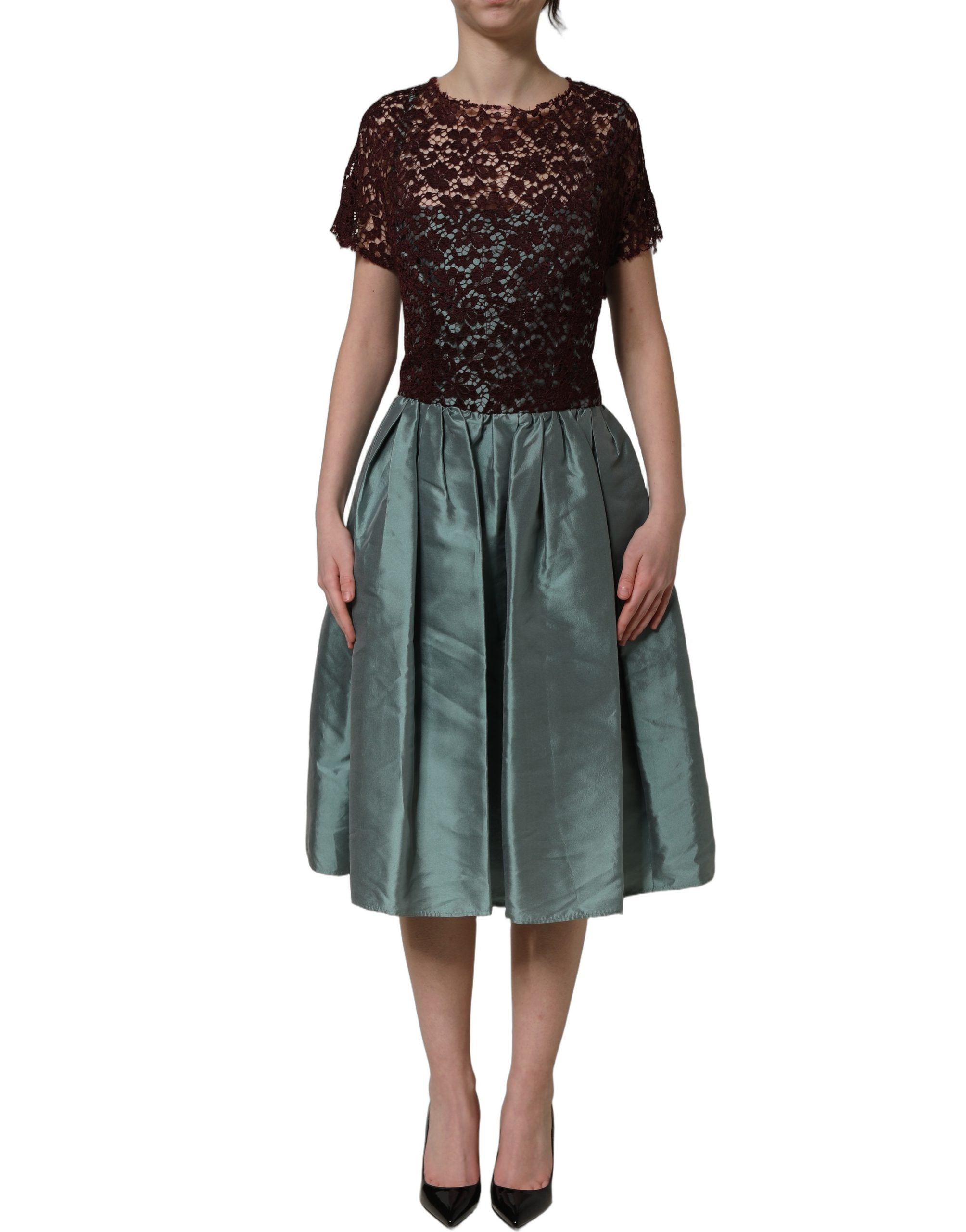 Robe midi plissée en taffeta à fleurs multicolores et dentelle de Dolce & Gabbana, élégante et sophistiquée.