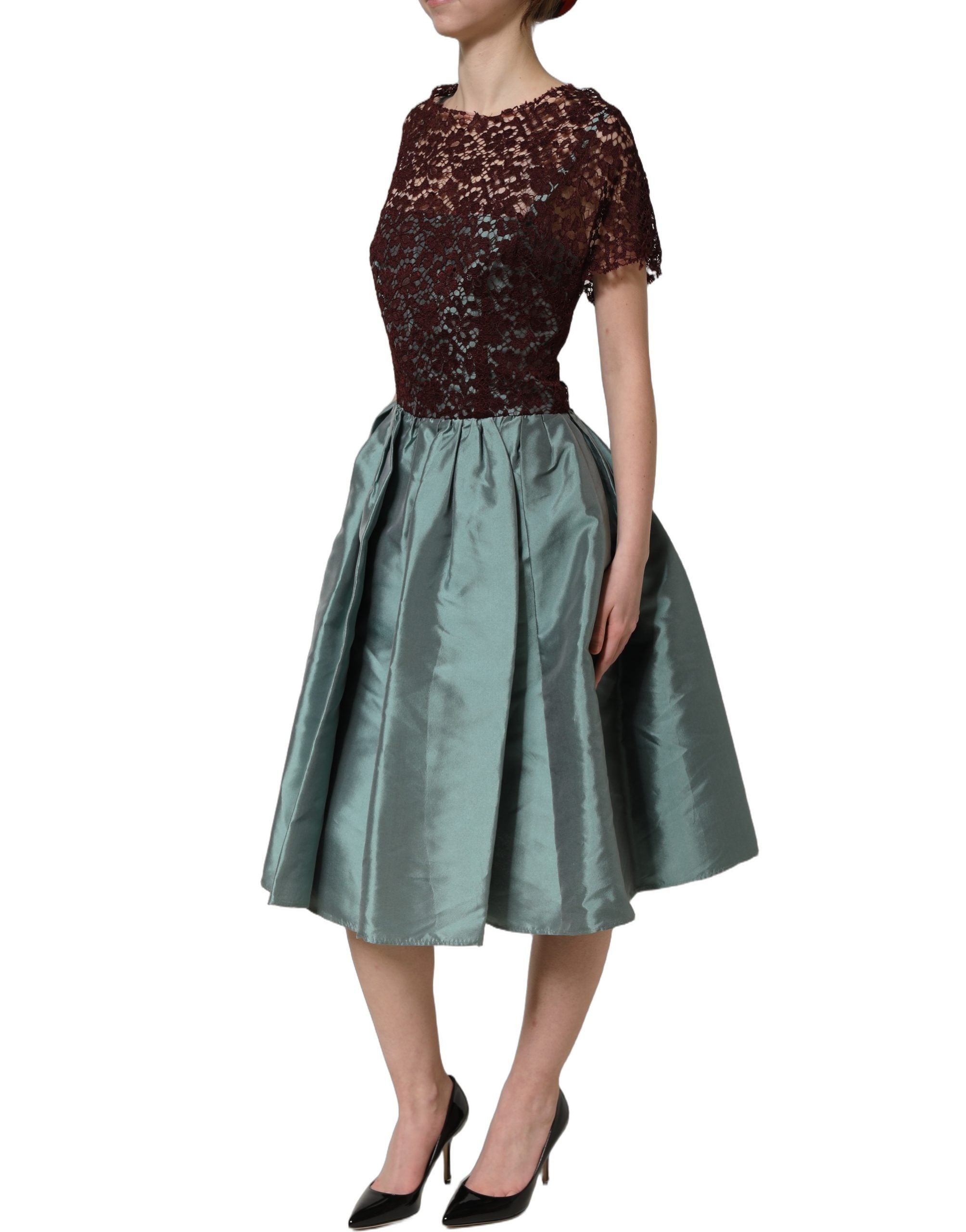 Robe midi plissée Dolce & Gabbana en taffeta à fleurs multicolores et dentelle, élégante et sophistiquée.