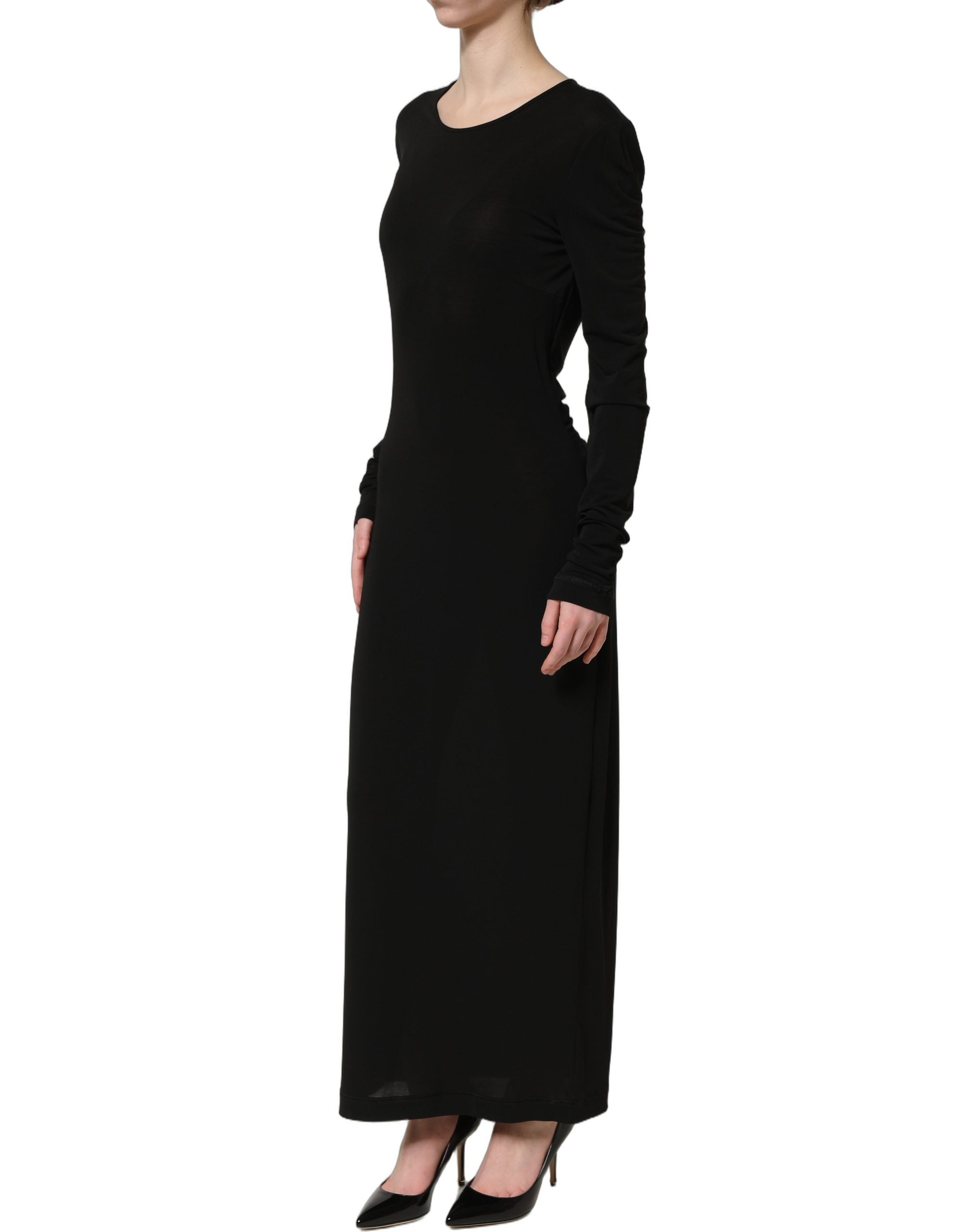 Robe longue noire en coton Dolce & Gabbana à manches longues, coupe près du corps, élégante et sophistiquée.