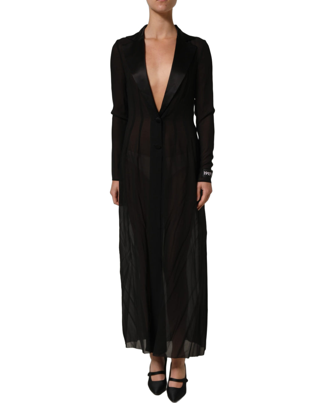 Robe longue en chiffon de soie noire de Dolce & Gabbana, robe transparente élégante avec détails fluides et sophistiqués.