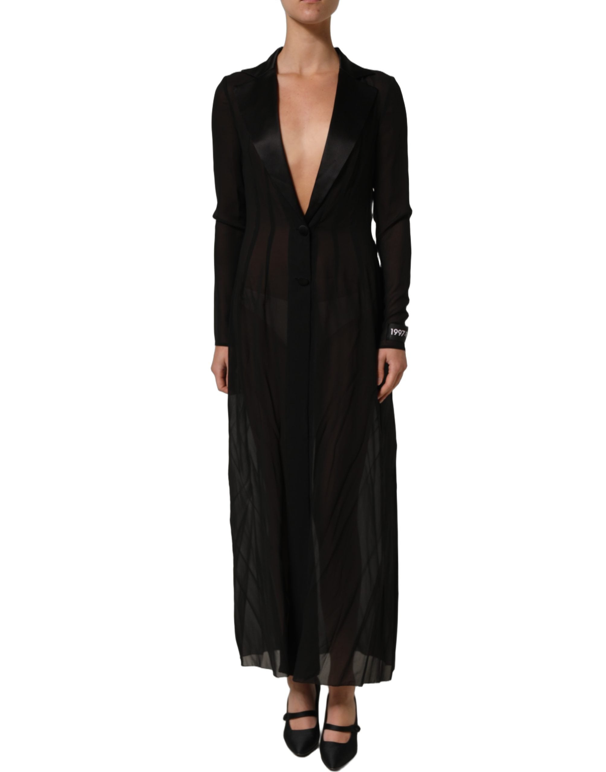 Robe longue en chiffon de soie noire de Dolce & Gabbana, robe transparente élégante avec détails fluides et sophistiqués.