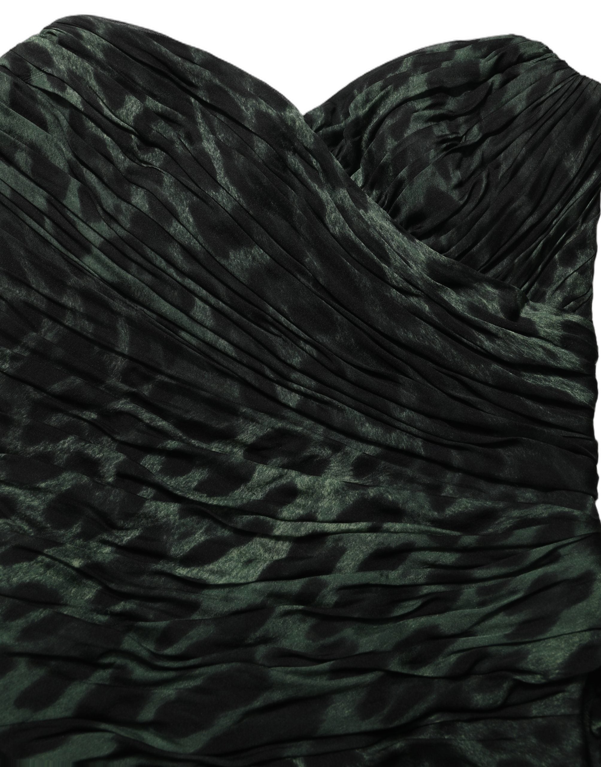 Robe midi bustier Dolce & Gabbana à imprimé léopard vert et drapé, élégante et sophistiquée pour une occasion spéciale.
