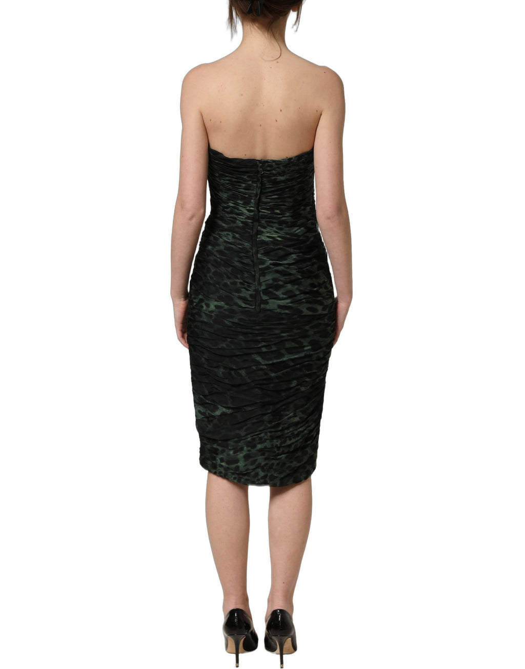 Robe midi bustier verte à imprimé léopard Dolce & Gabbana, drapée et élégante, pour une allure sophistiquée.