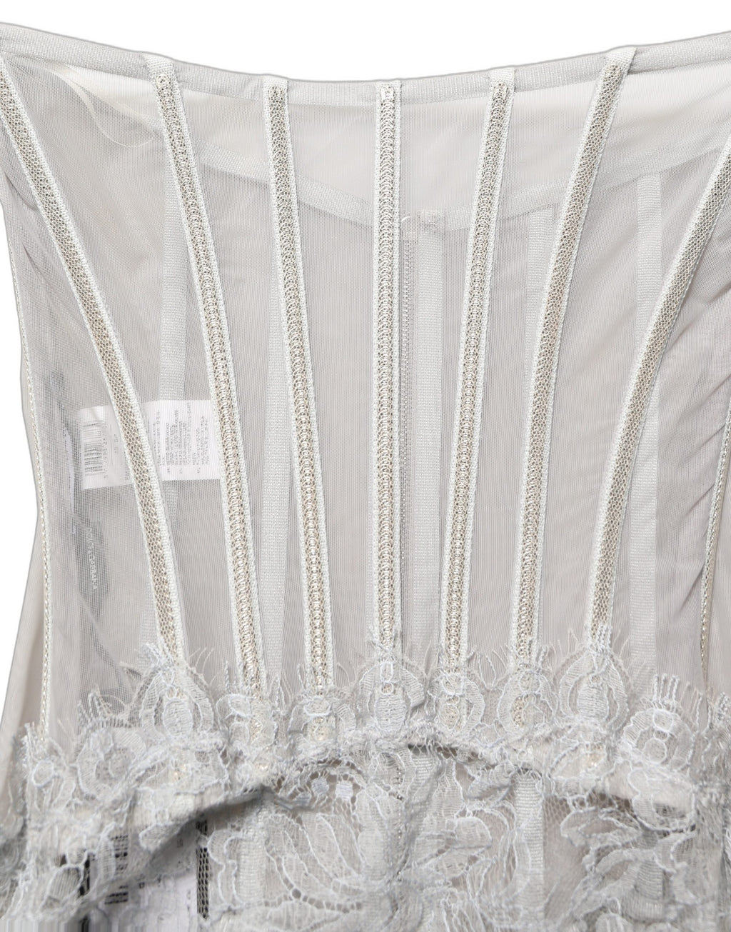 Robe longue Dolce & Gabbana en dentelle grise avec corset de style corset, détails élégants et tissu fin.