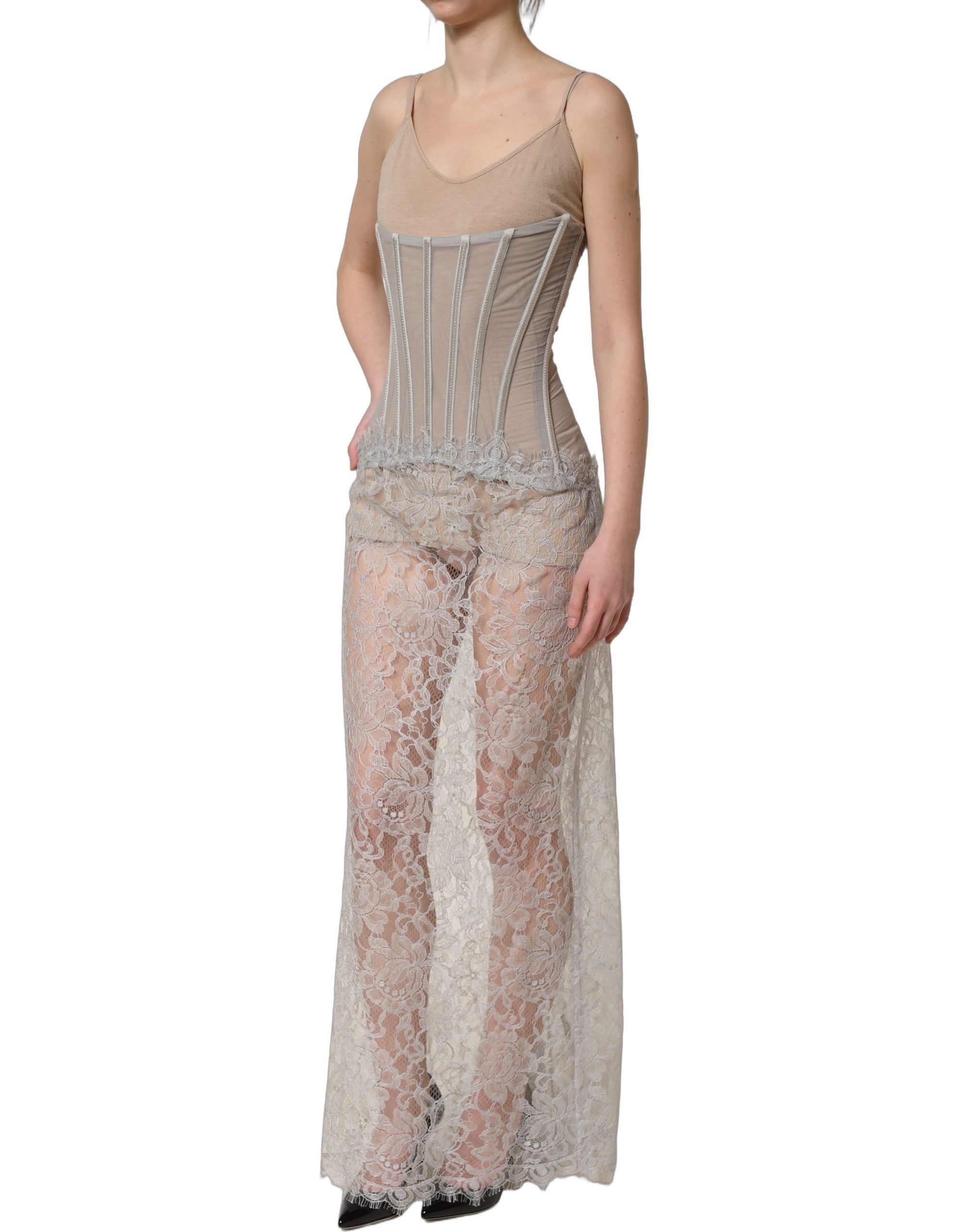 Robe longue Dolce & Gabbana en dentelle grise avec corset style et buste maxi, élégante et sophistiquée.