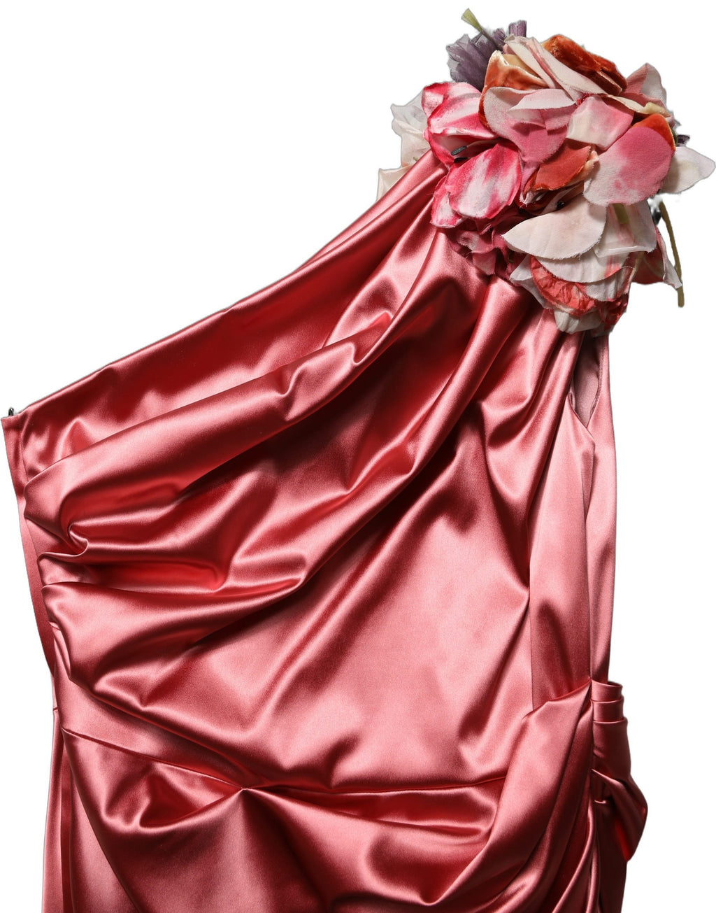 Robe midi rose Dolce & Gabbana avec drapé, appliques florales et style élégant, vue de face sur mannequin.
