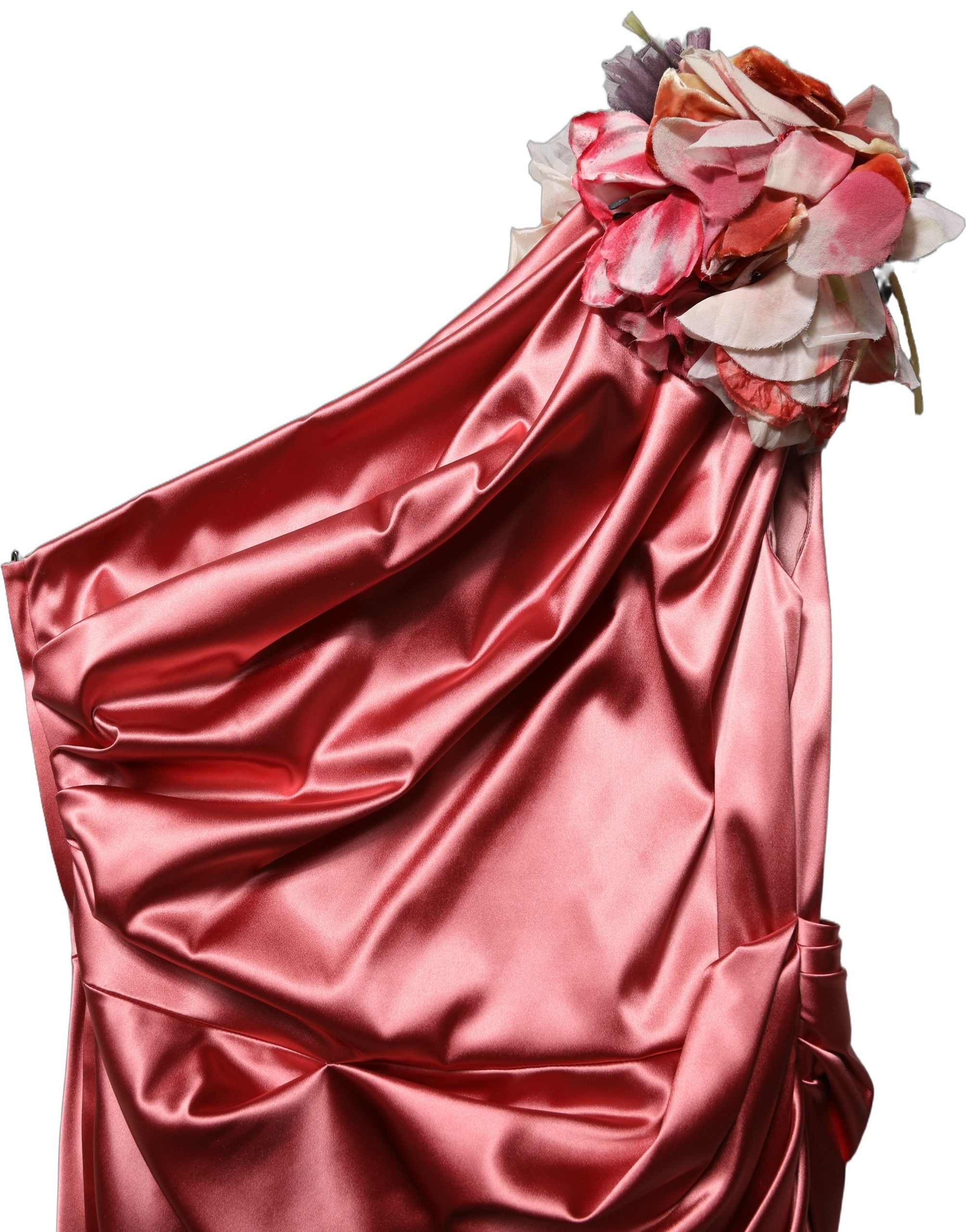 Robe midi rose Dolce & Gabbana avec drapé, appliques florales et style élégant, vue de face sur mannequin.