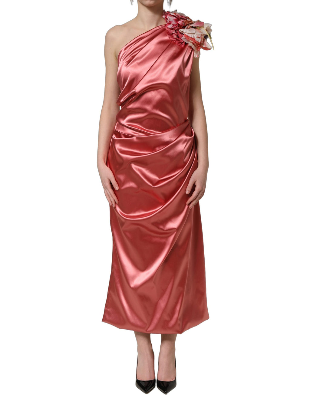 Robe midi rose Dolce & Gabbana avec drapé, appliques florales et design élégant.