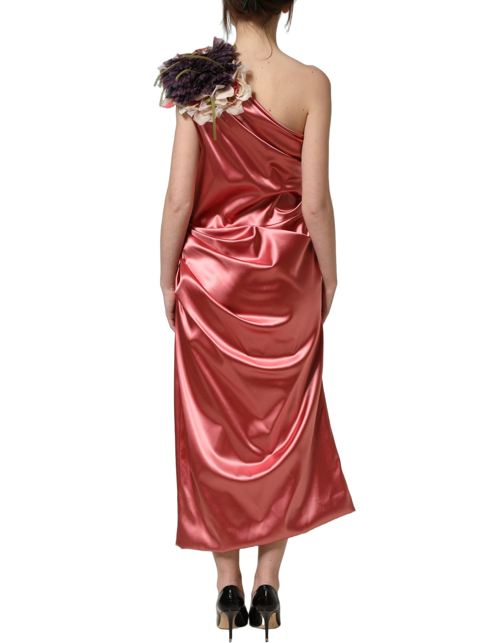 Robe midi rose Dolce & Gabbana avec drapés et appliques florales, élégante et sophistiquée.