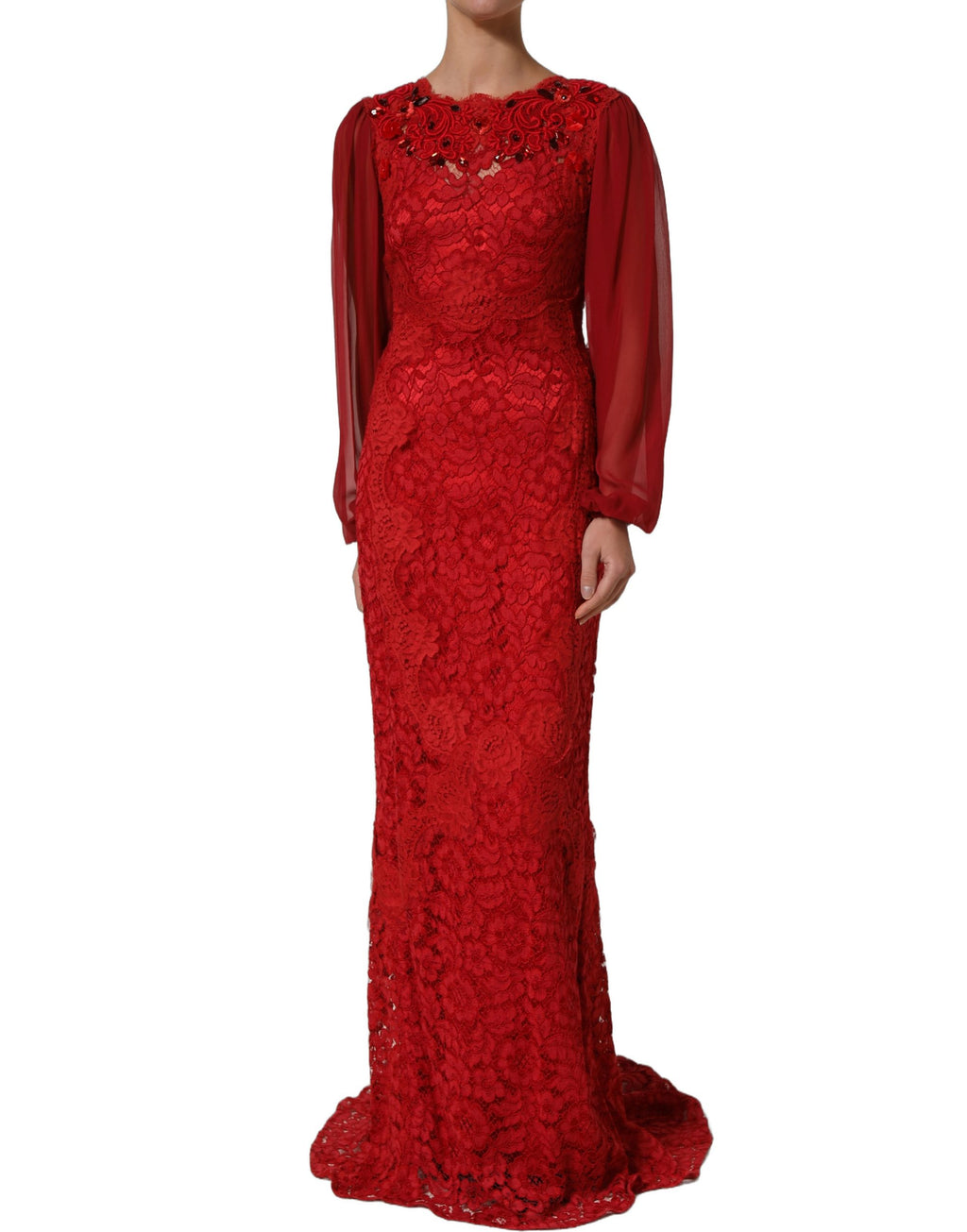 Robe longue sirène Dolce & Gabbana rouge ornée de détails scintillants, élégante et sophistiquée pour une occasion spéciale.