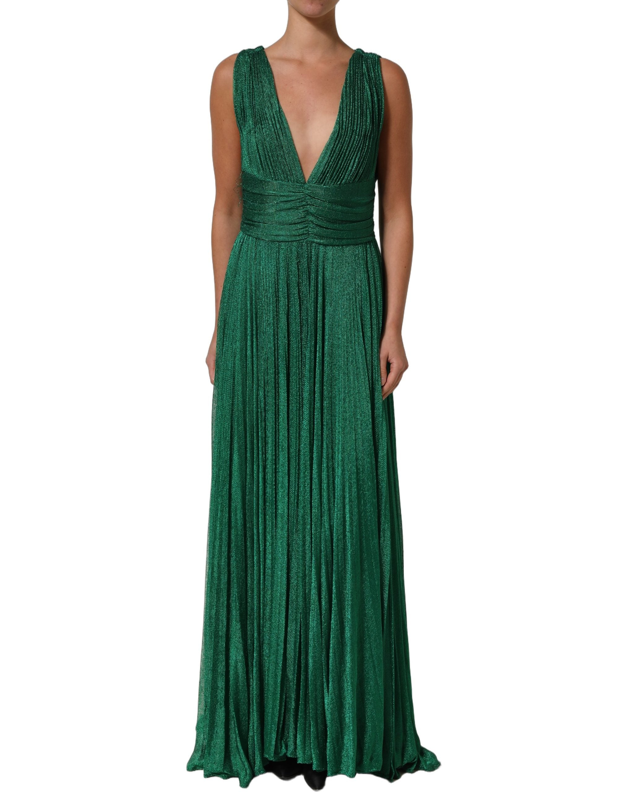 Robe de soirée plissée vert émeraude Dolce & Gabbana, longue et élégante avec un design sophistiqué.