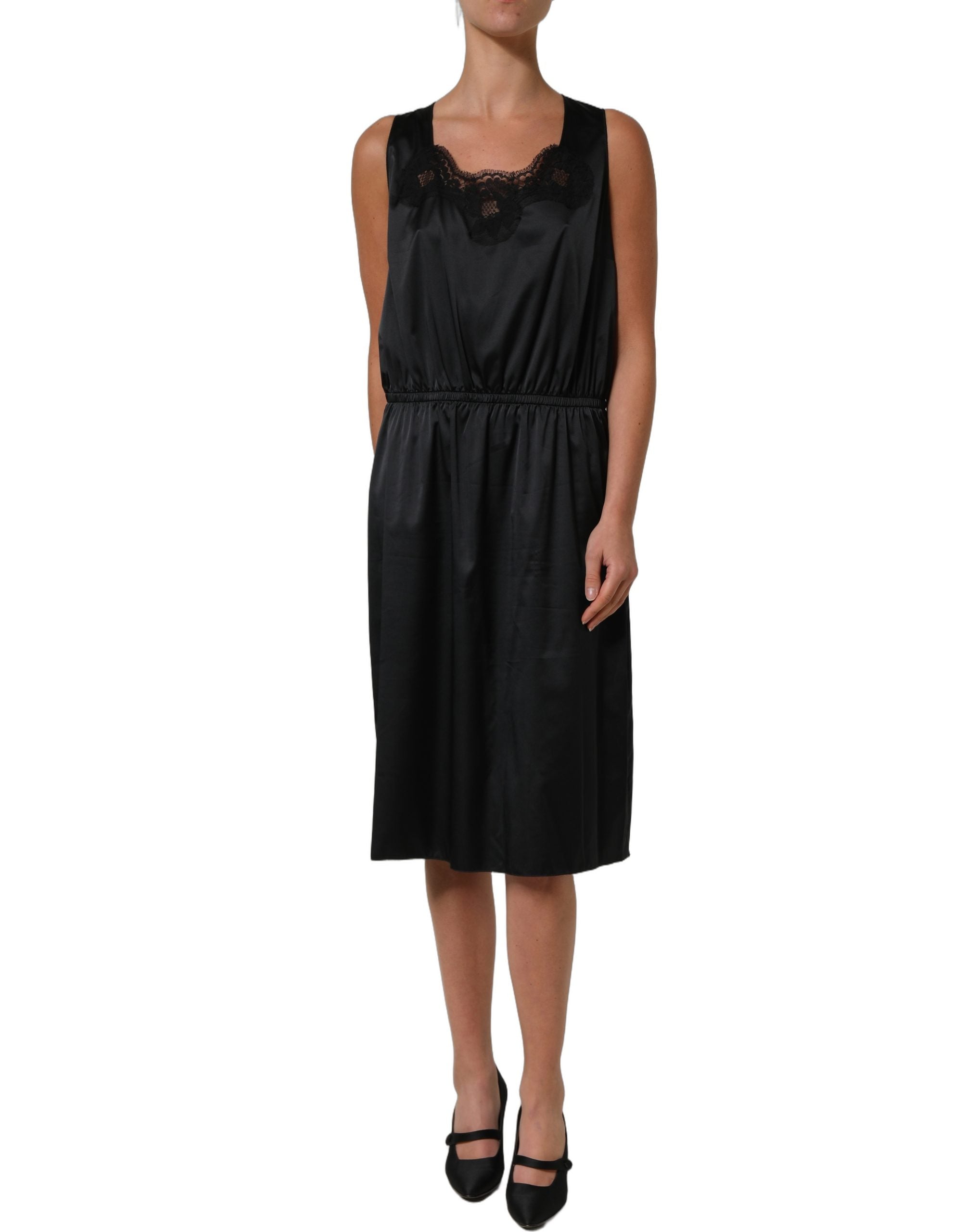 Robe midi noire en polyester avec dentelle, robe droite Dolce & Gabbana, détail élégant et sophistiqué.