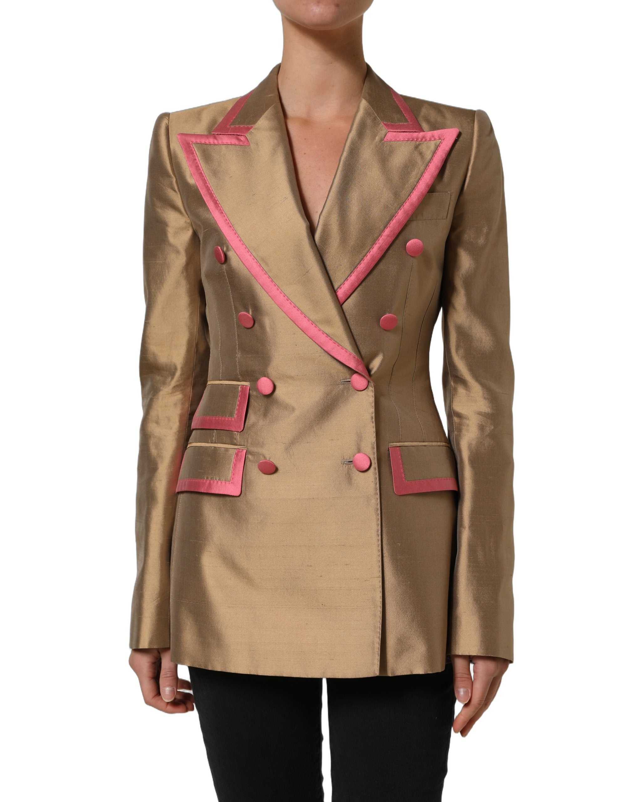 Veste blazer Dolce & Gabbana en soie dorée, double boutonnage, coupe élégante et raffinée, vue de face.