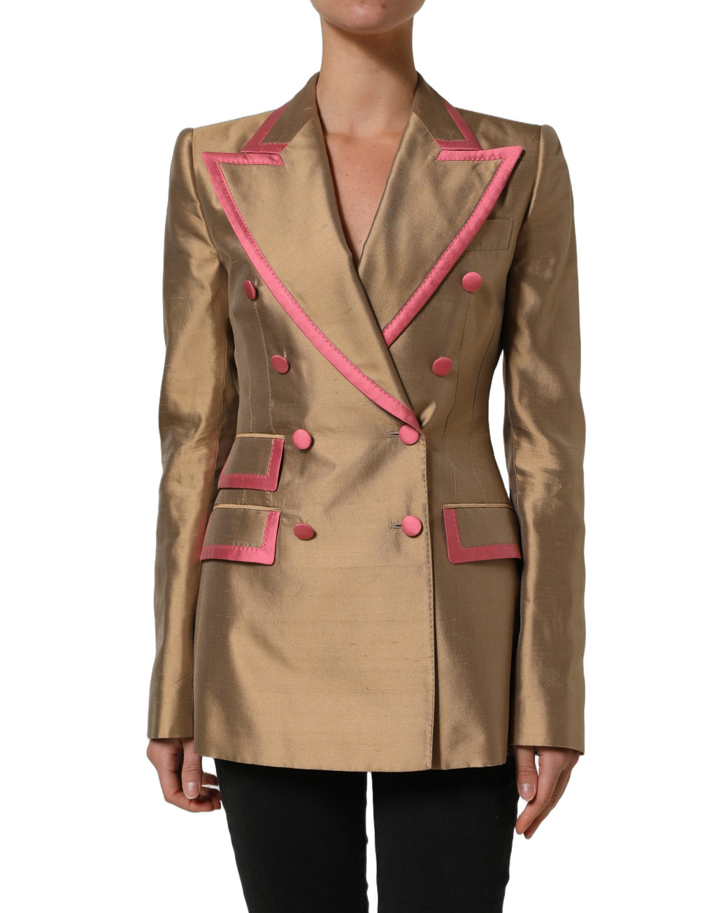 Veste blazer Dolce & Gabbana en soie dorée, à double boutonnage, élégante et sophistiquée, portée ouverte sur fond neutre.