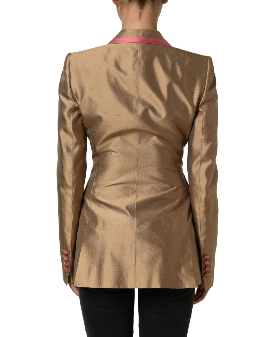 Veste blazer Dolce & Gabbana en soie dorée avec double boutonnage, coupe élégante et design sophistiqué.
