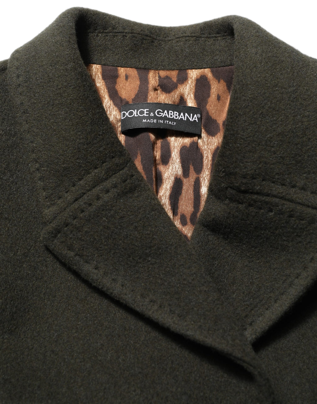 Manteau peacoat double boutonnage vert foncé Dolce & Gabbana, style élégant, en laine, vue de face.