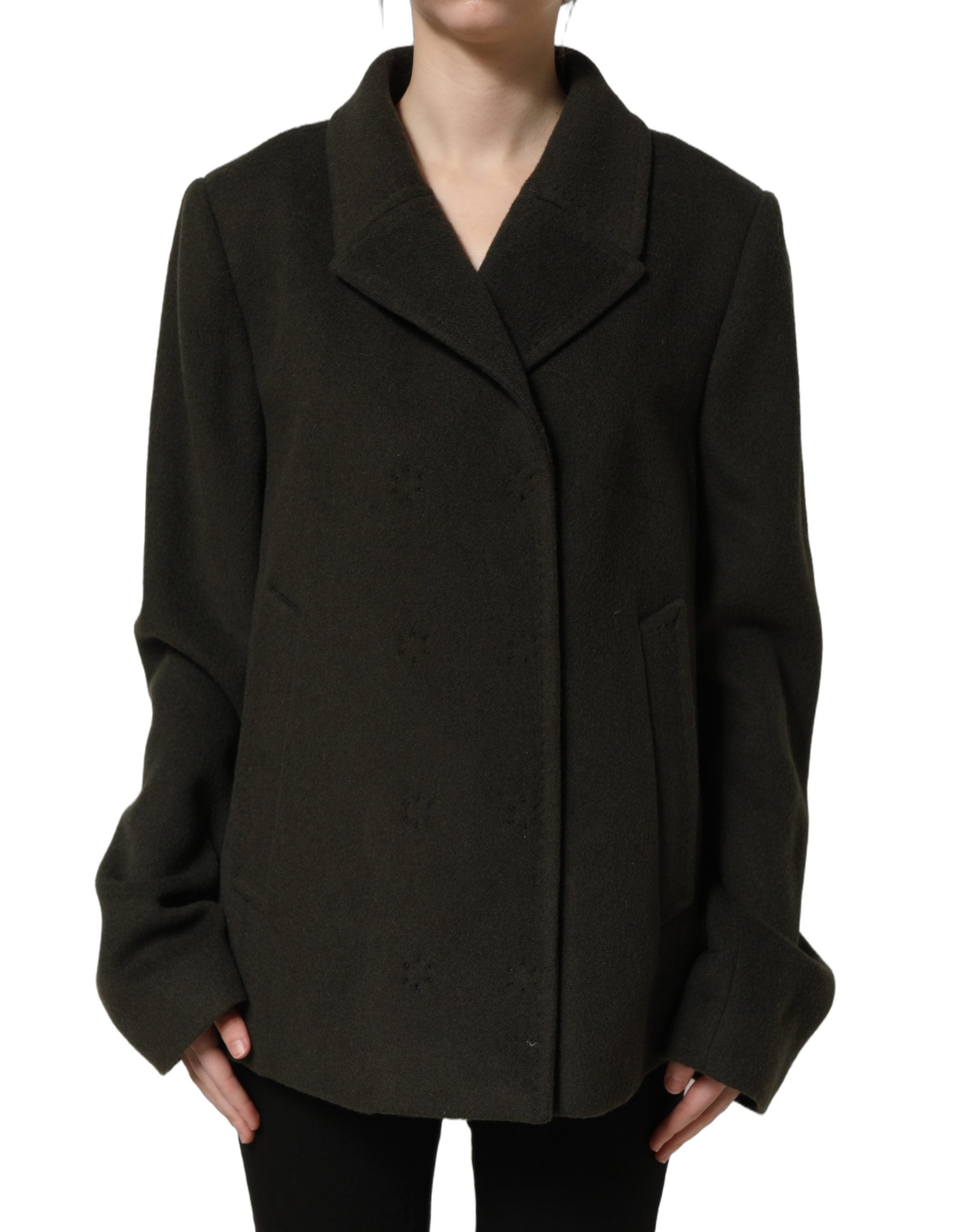 Manteau peacoat double boutonnage vert foncé Dolce & Gabbana, style chic avec col revers et poches latérales.