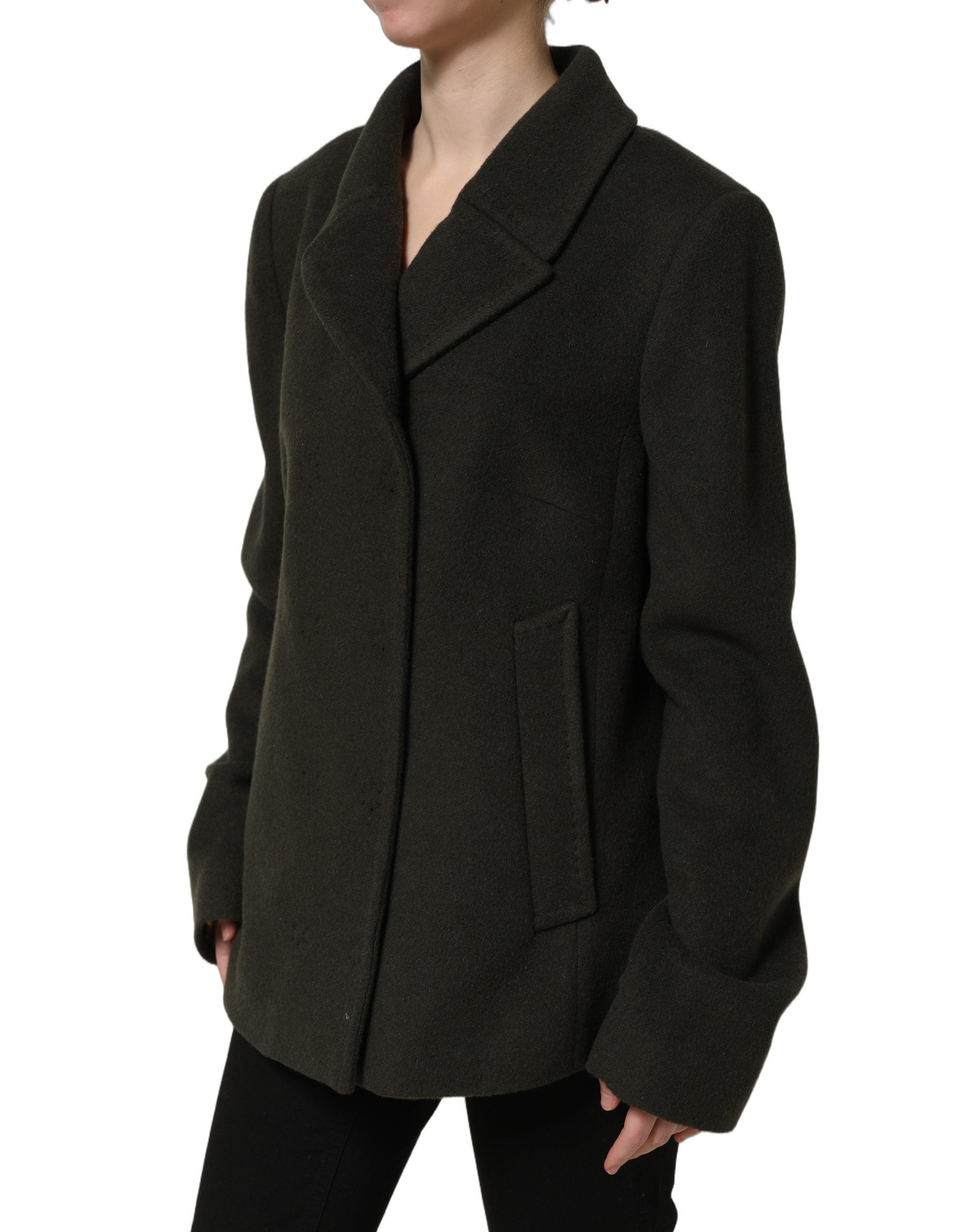 Manteau peacoat double-breasted vert foncé de Dolce & Gabbana, veste élégante en laine avec boutons dorés.