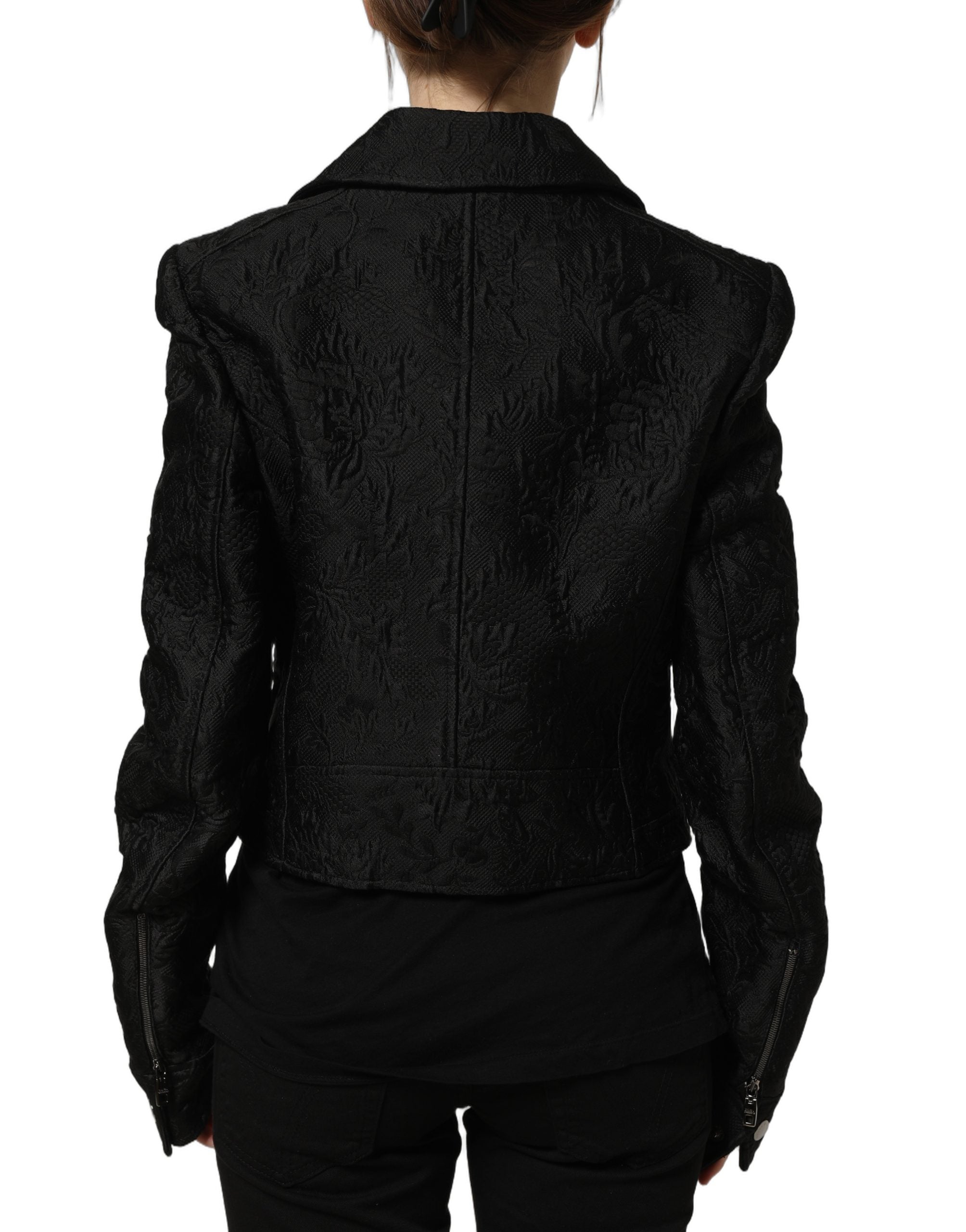 Veste biker Dolce & Gabbana en brocart noir à motifs floraux, style élégant et sophistiqué, vue de face.