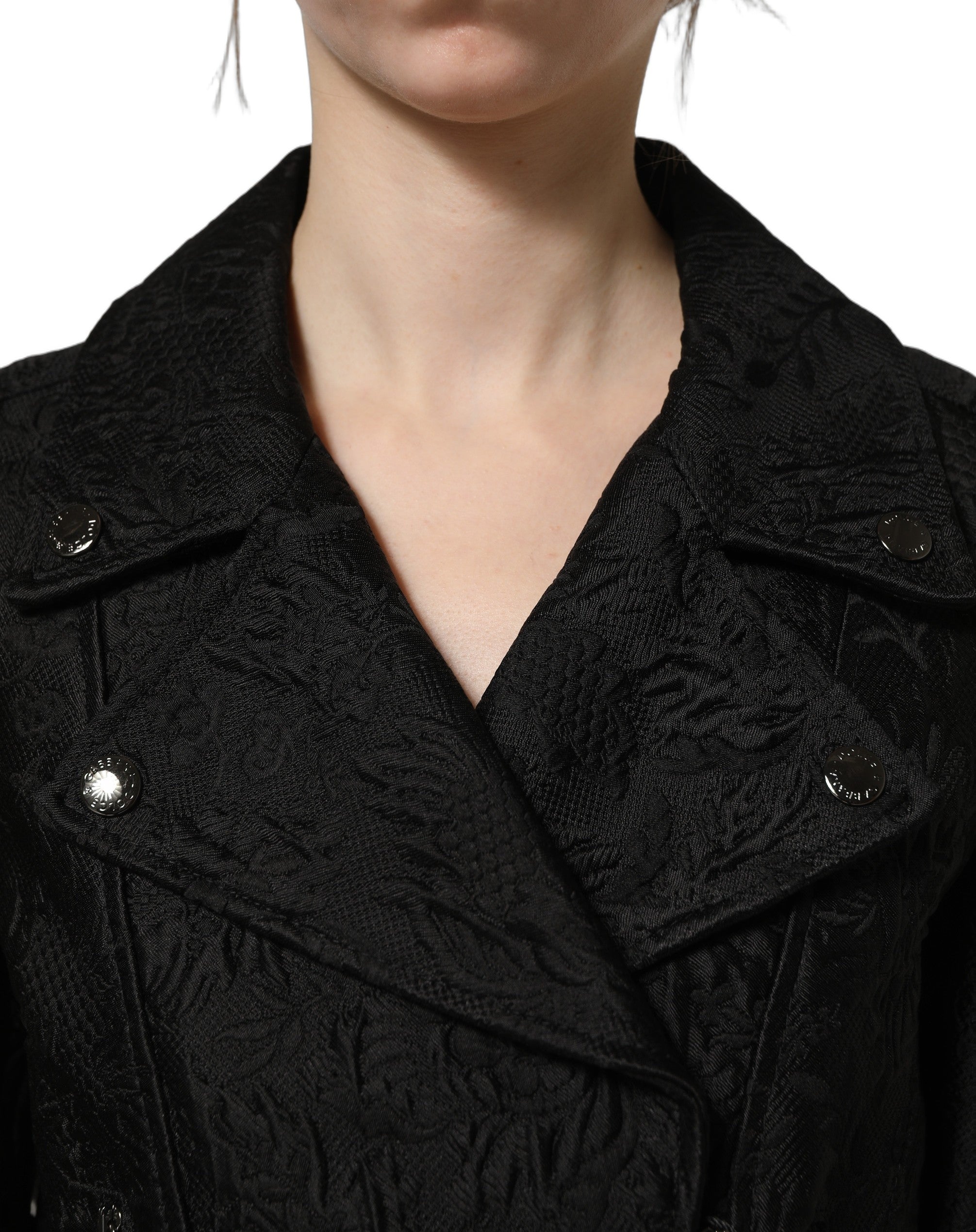 Veste biker Dolce & Gabbana en brocart noir avec motif floral, style élégant et tendance.
