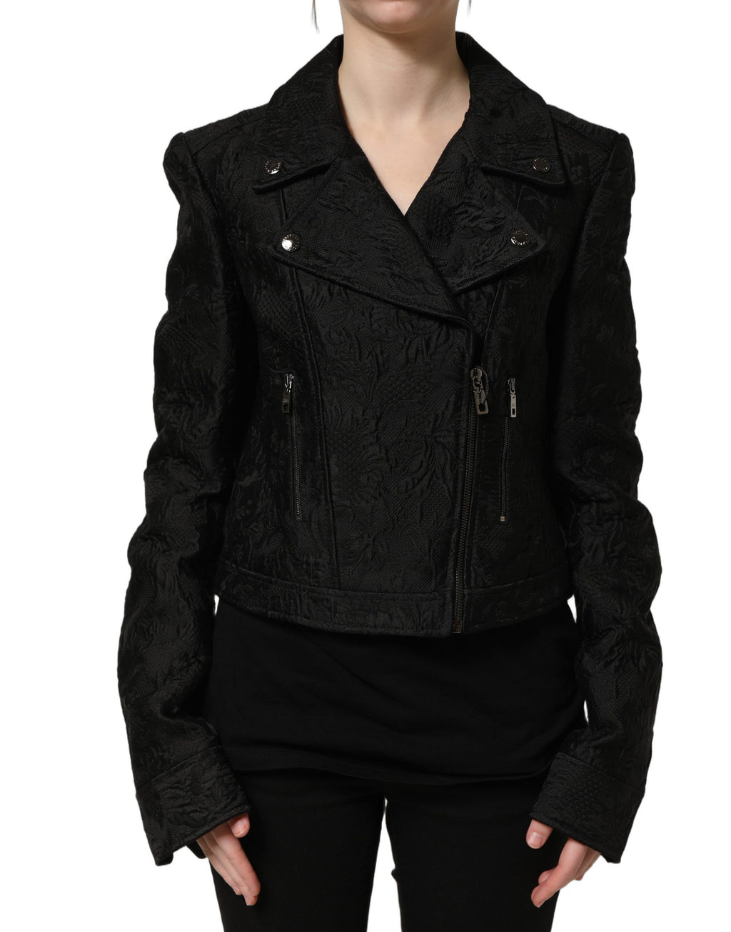 Veste blouson biker Dolce & Gabbana en brocart noir à motifs floraux, style élégant et tendance.