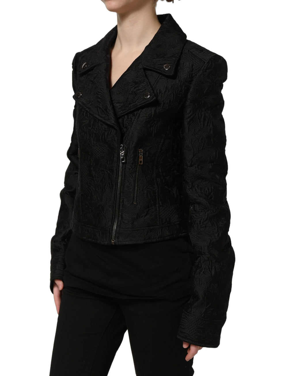 Veste blouson biker Dolce & Gabbana en brocart noir à motifs floraux, style élégant et tendance.