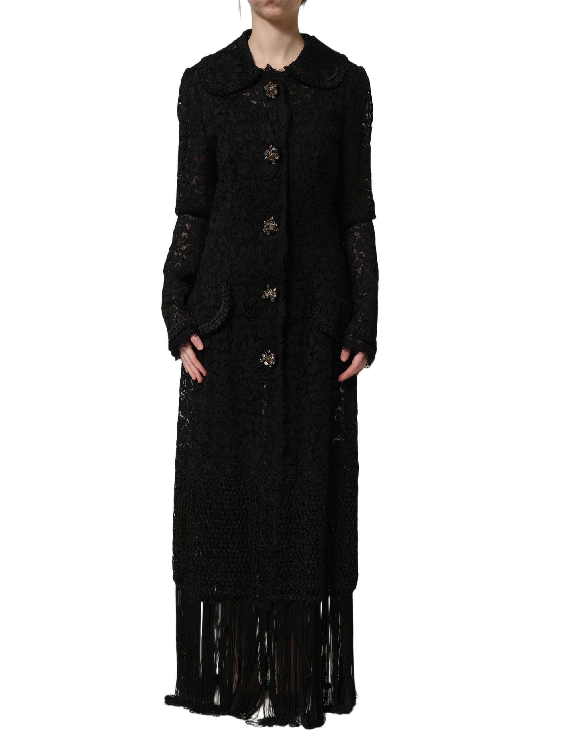 Veste manteau en guipure de dentelle noire Dolce & Gabbana avec embellissements élégants, détail texturé et coupe sophistiquée.