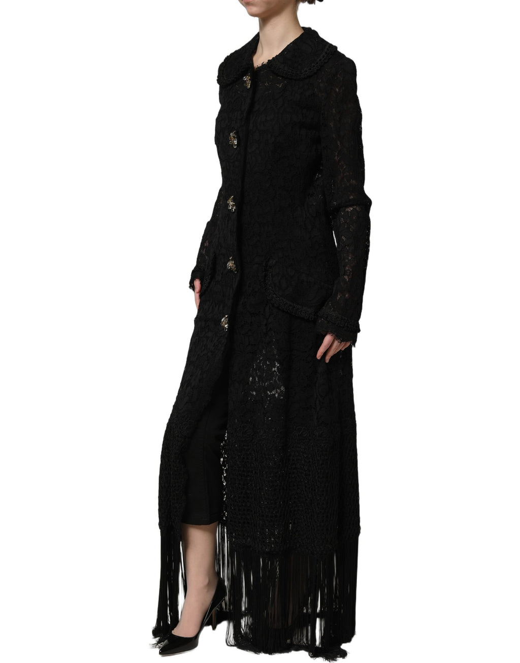Veste Dolce & Gabbana en dentelle guipure noire ornée de broderies et embellissements sophistiqués.