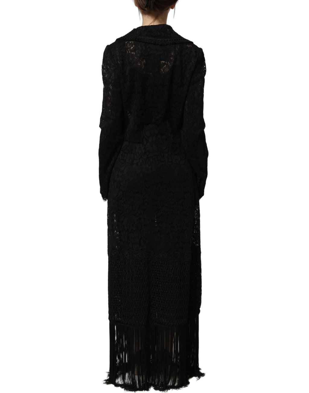 Manteau Dolce & Gabbana en guipure noir orné de broderies et embellissements, veste élégante en dentelle sophistiquée.
