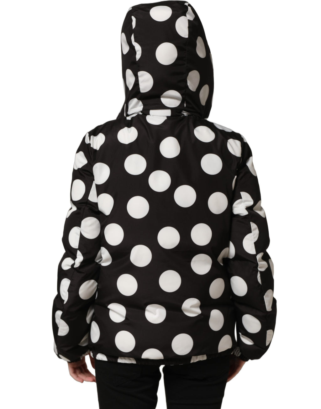 Veste blouson à capuche noire et blanche à pois de Dolce & Gabbana, style décontracté avec design à motifs polka dots.