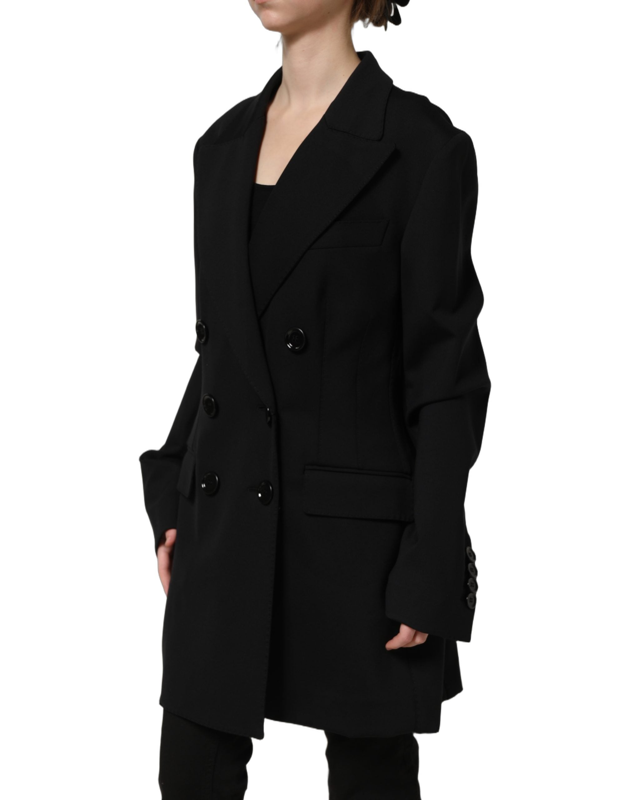 Blazer noir double boutonnage en crêpe Dolce & Gabbana, veste élégante avec revers larges et détails sophistiqués.