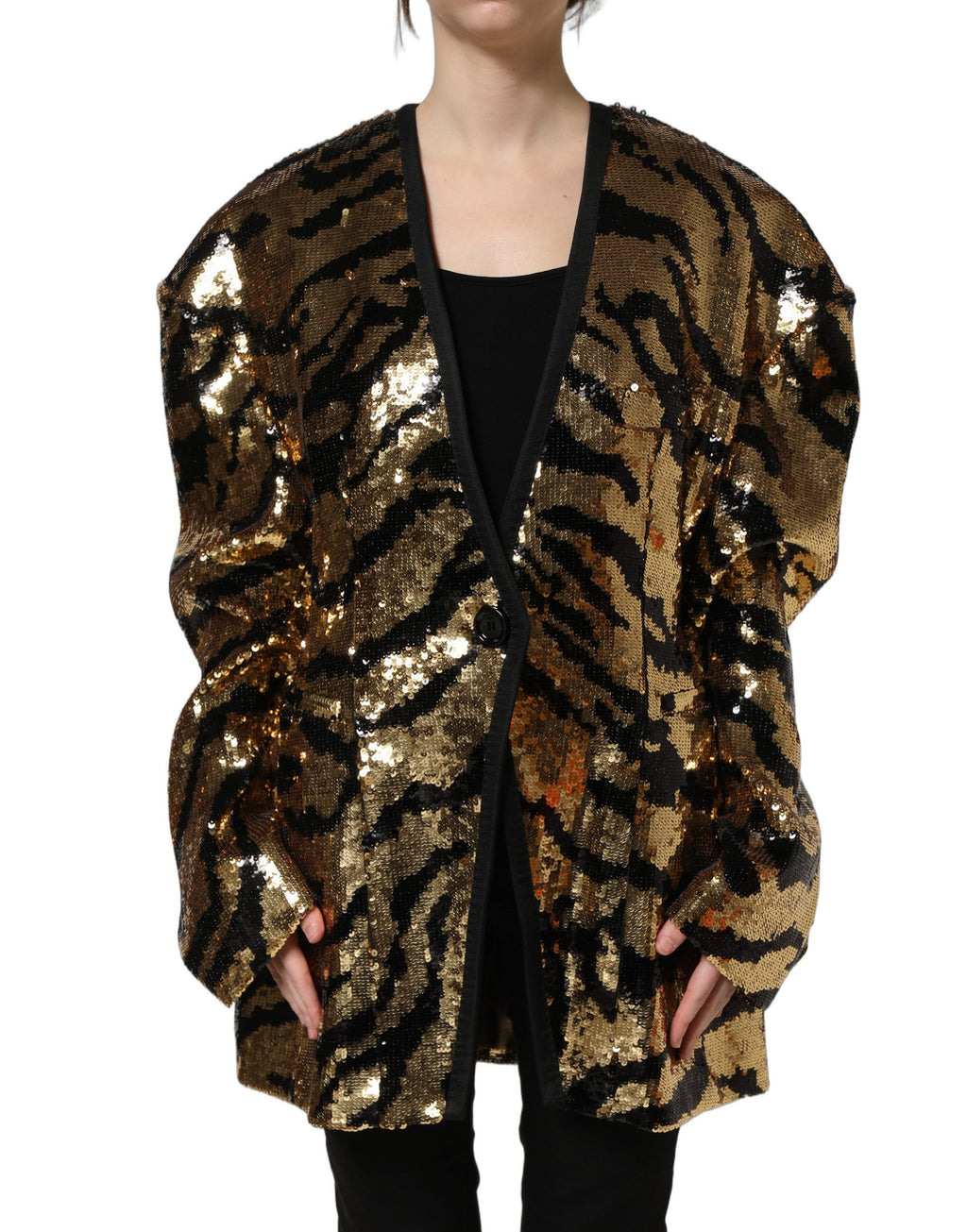 Veste blazer Dolce & Gabbana noire avec sequins dorés et rayures tigrées, élégante et originale, vue de face.