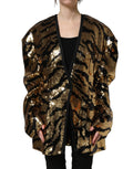 Veste blazer Dolce & Gabbana noire avec sequins dorés et rayures tigrées, élégante et originale, vue de face.