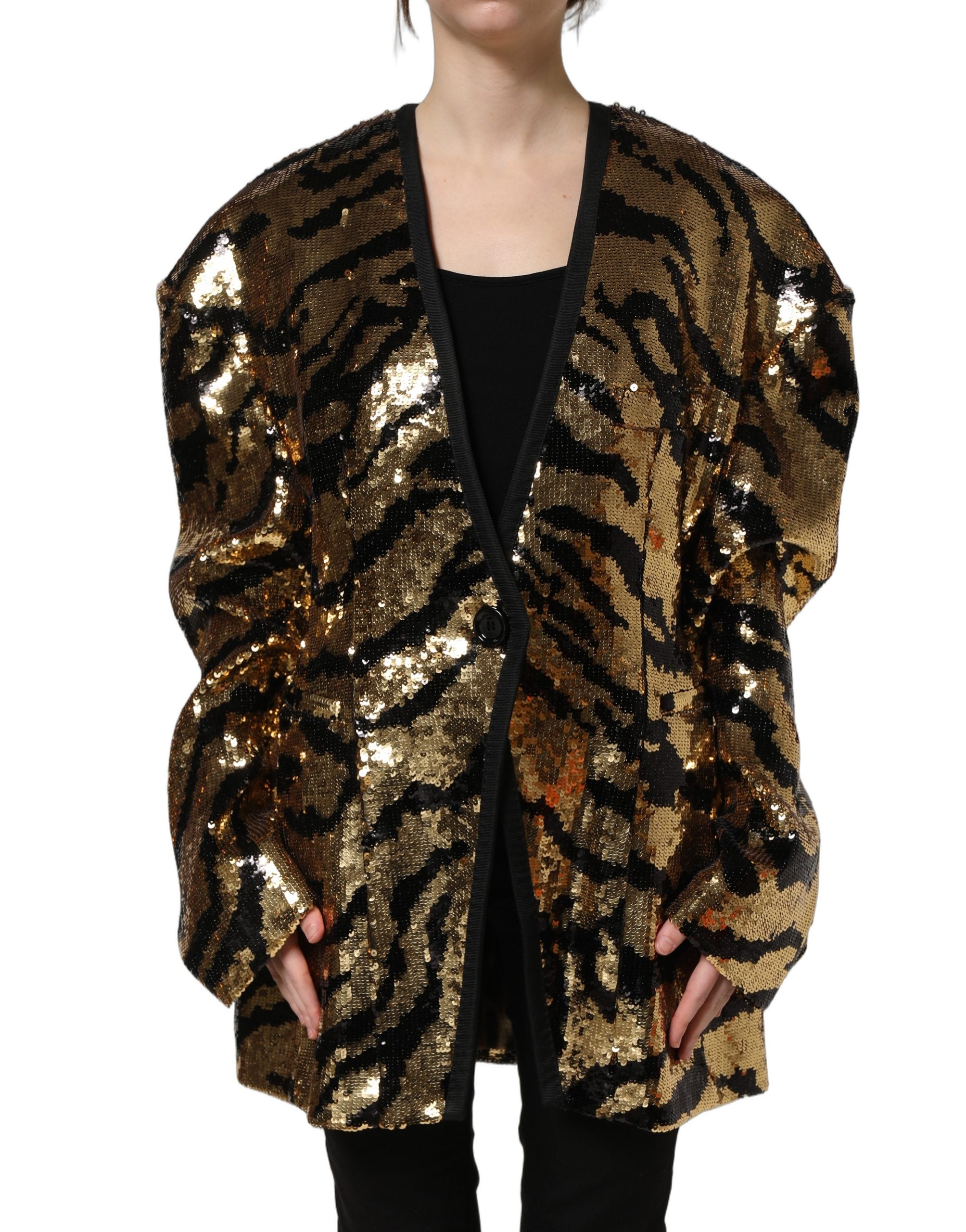 Veste blazer Dolce & Gabbana noire avec sequins dorés et rayures tigre, élégante et brillante.