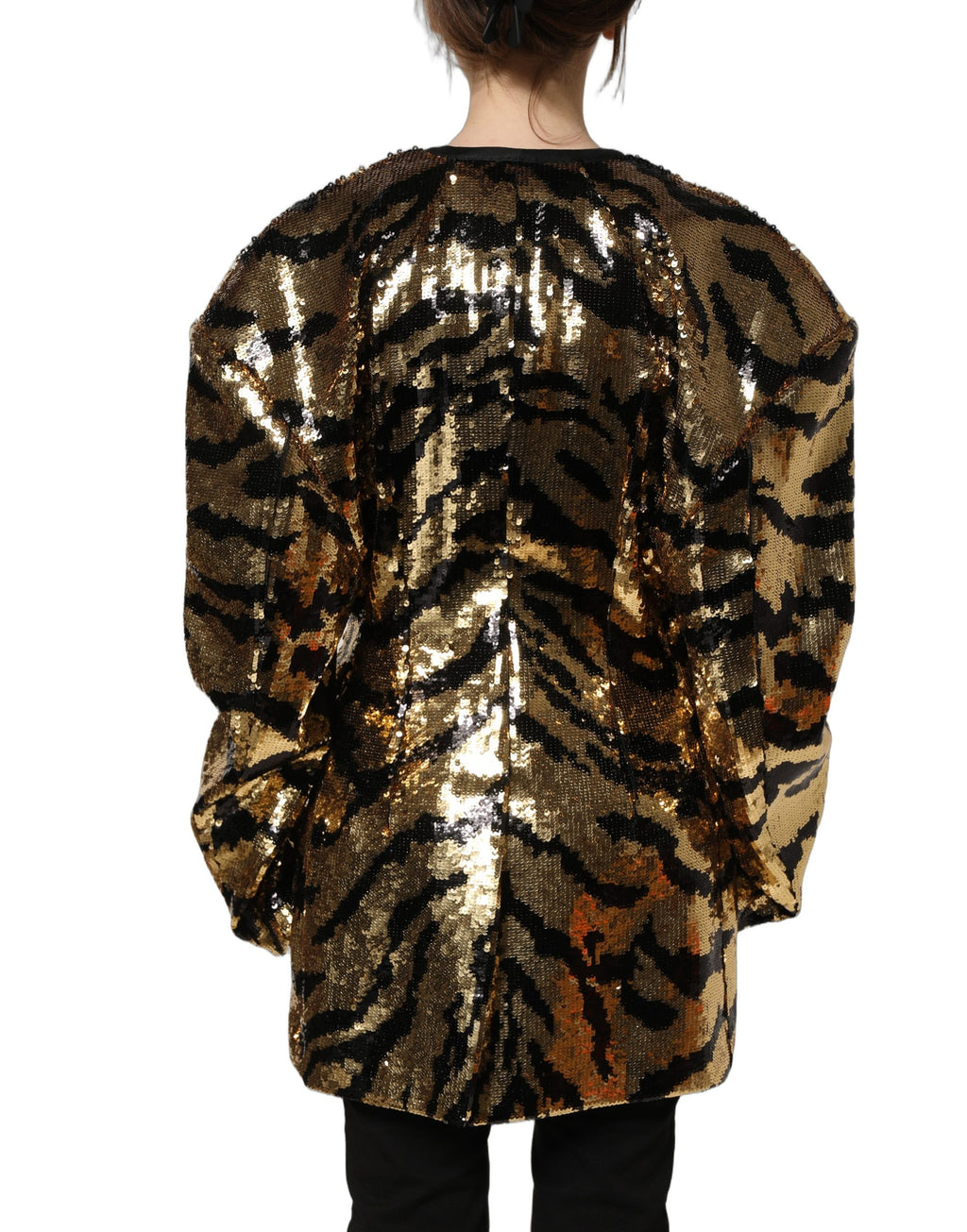 Veste blazer Dolce & Gabbana noire avec sequins or et rayures de tigre, élégante et brillante.