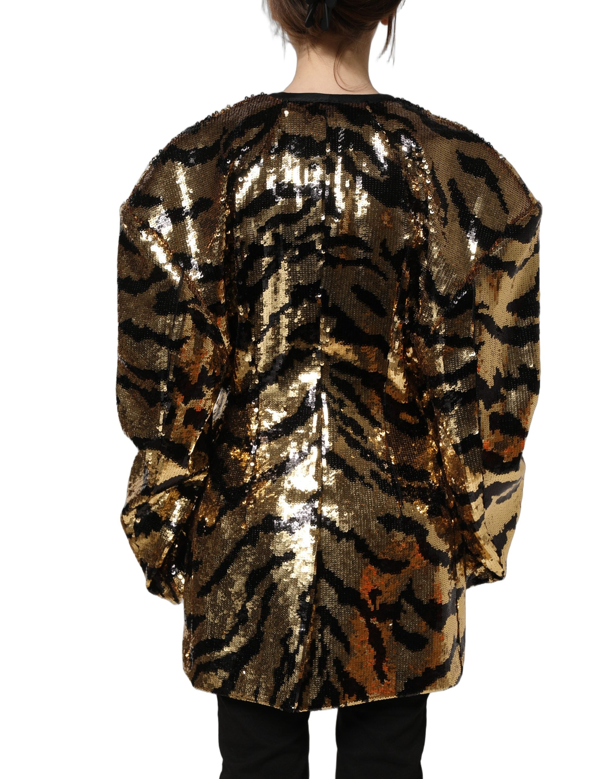 Veste blazer Dolce & Gabbana noire avec sequins or et rayures de tigre, élégante et brillante.