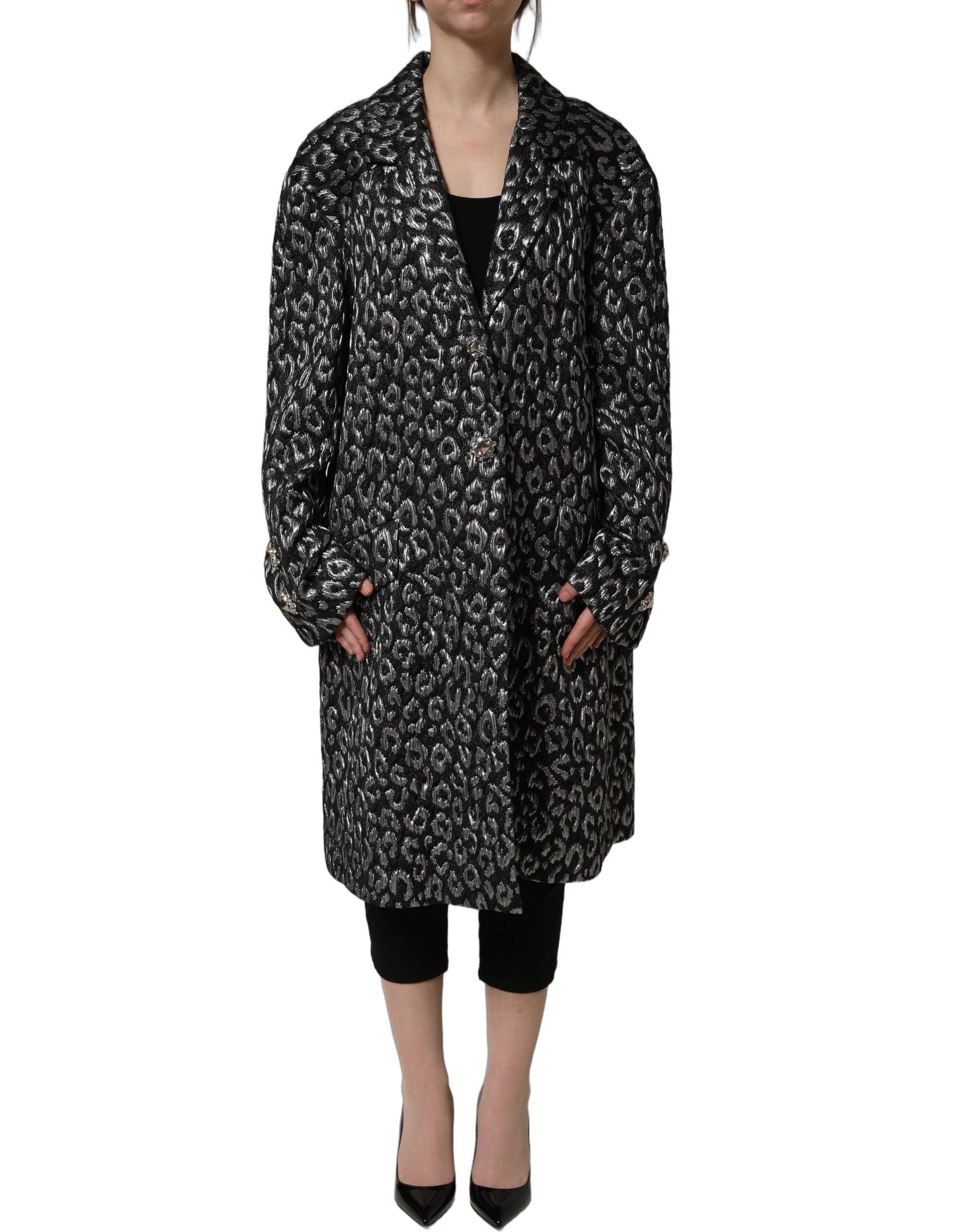 Manteau en jacquard noir et argent avec motif léopard de Dolce & Gabbana, veste élégante et sophistiquée.