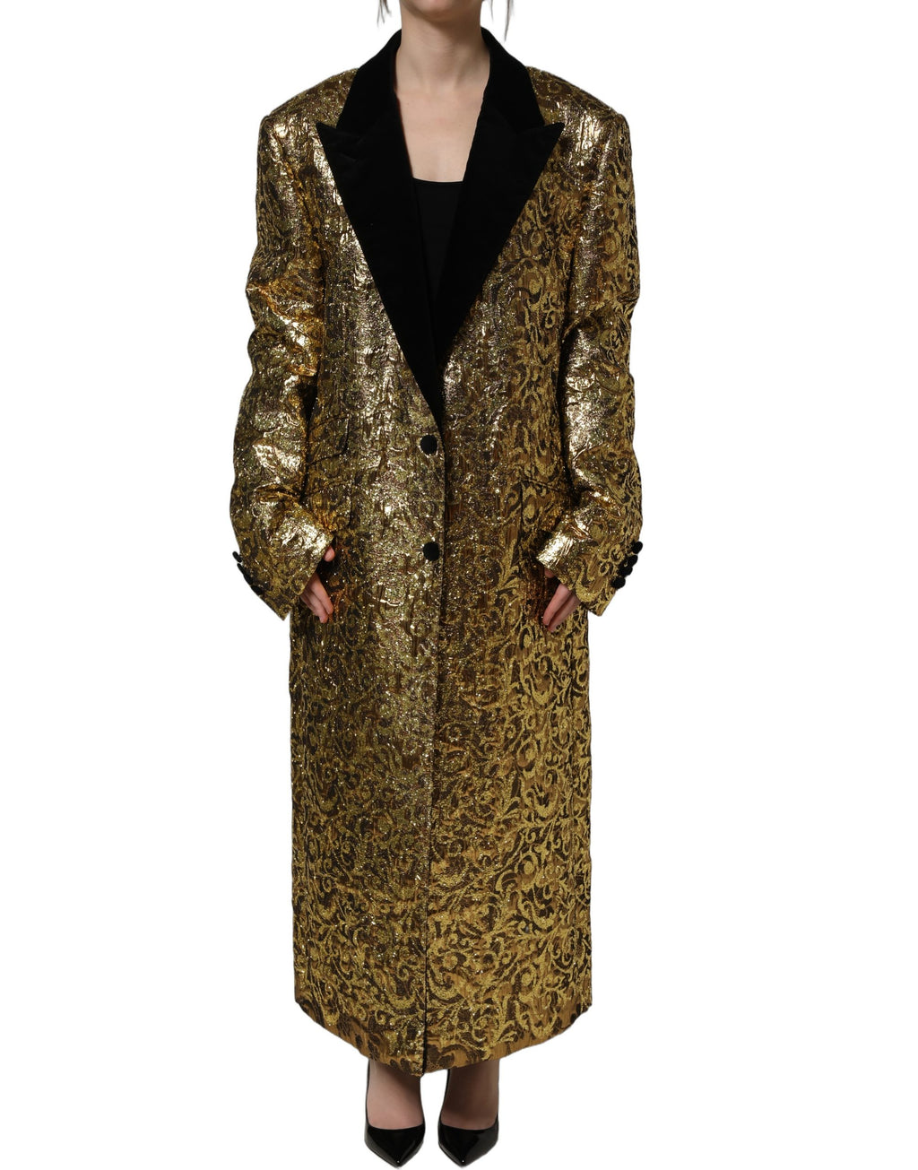 Manteau trench en laine jacquard floral doré Dolce & Gabbana, coupe élégante avec détails raffinés.