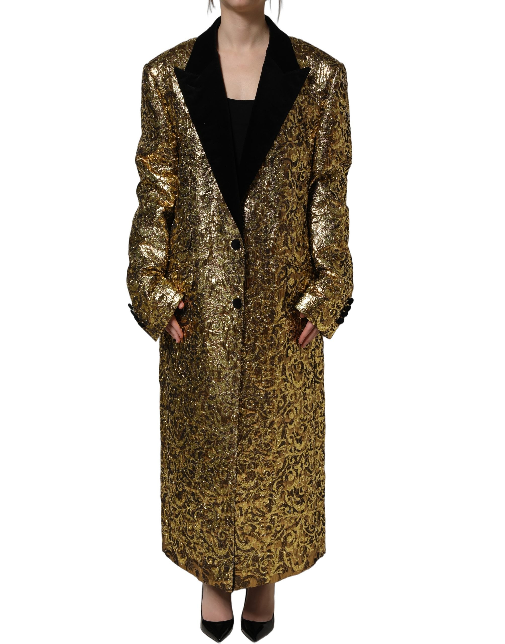 Manteau trench en laine jacquard floral doré Dolce & Gabbana, coupe élégante avec détails raffinés.