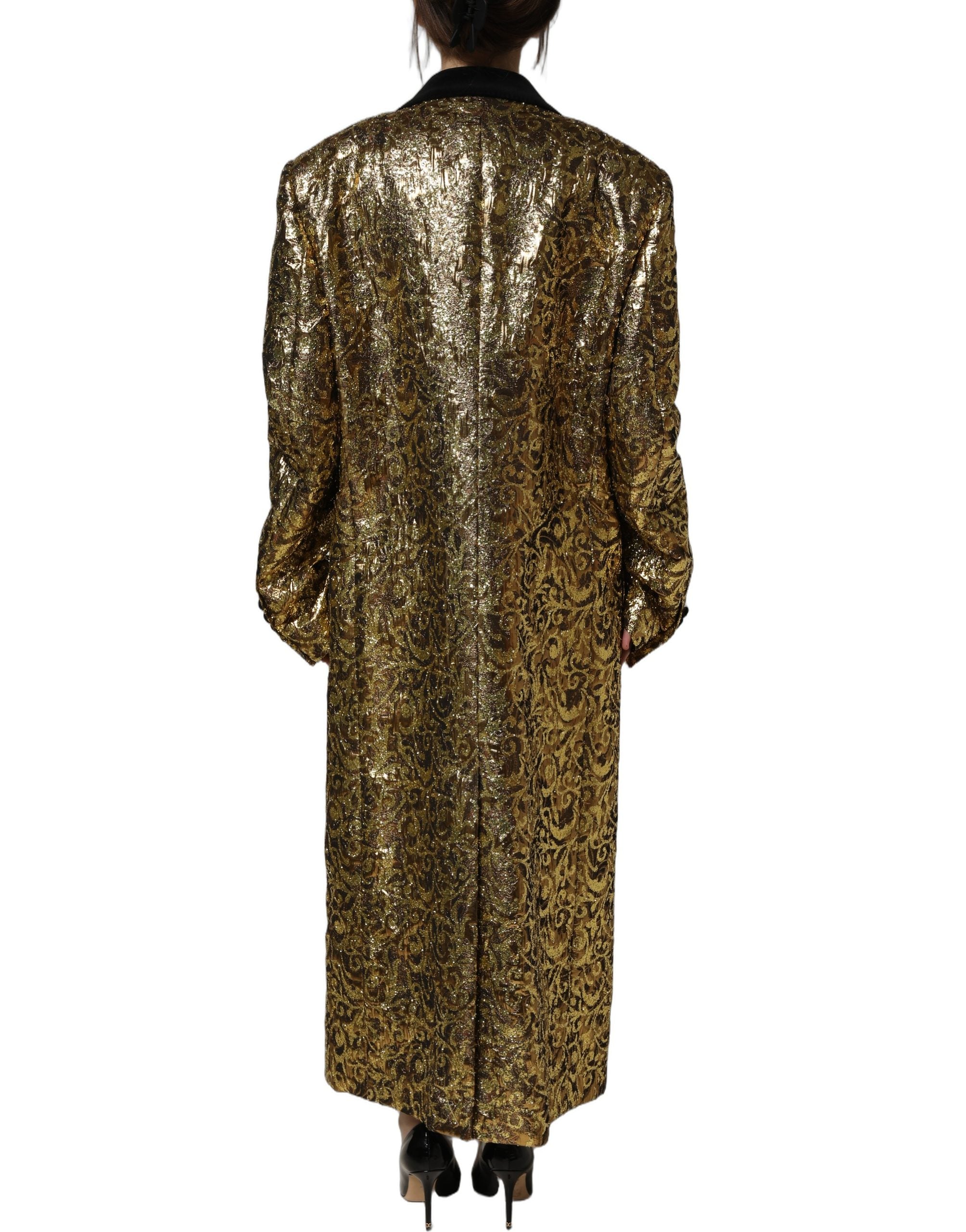 Manteau trench en laine jacquard floral doré de Dolce & Gabbana, veste élégante avec motif floral sophistiqué.