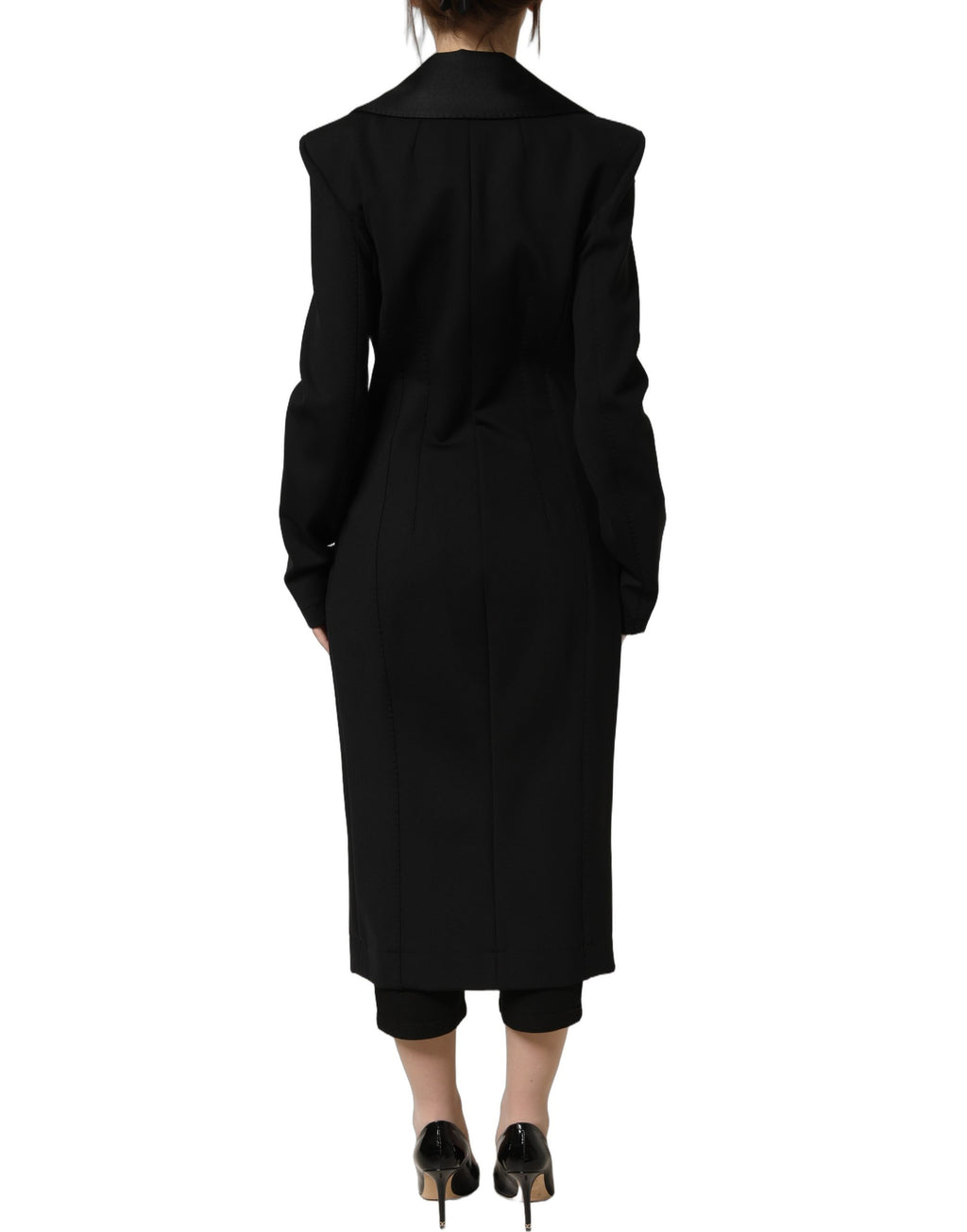 Manteau noir en nylon Dolce & Gabbana à double boutonnage, veste élégante avec col et poches visibles.