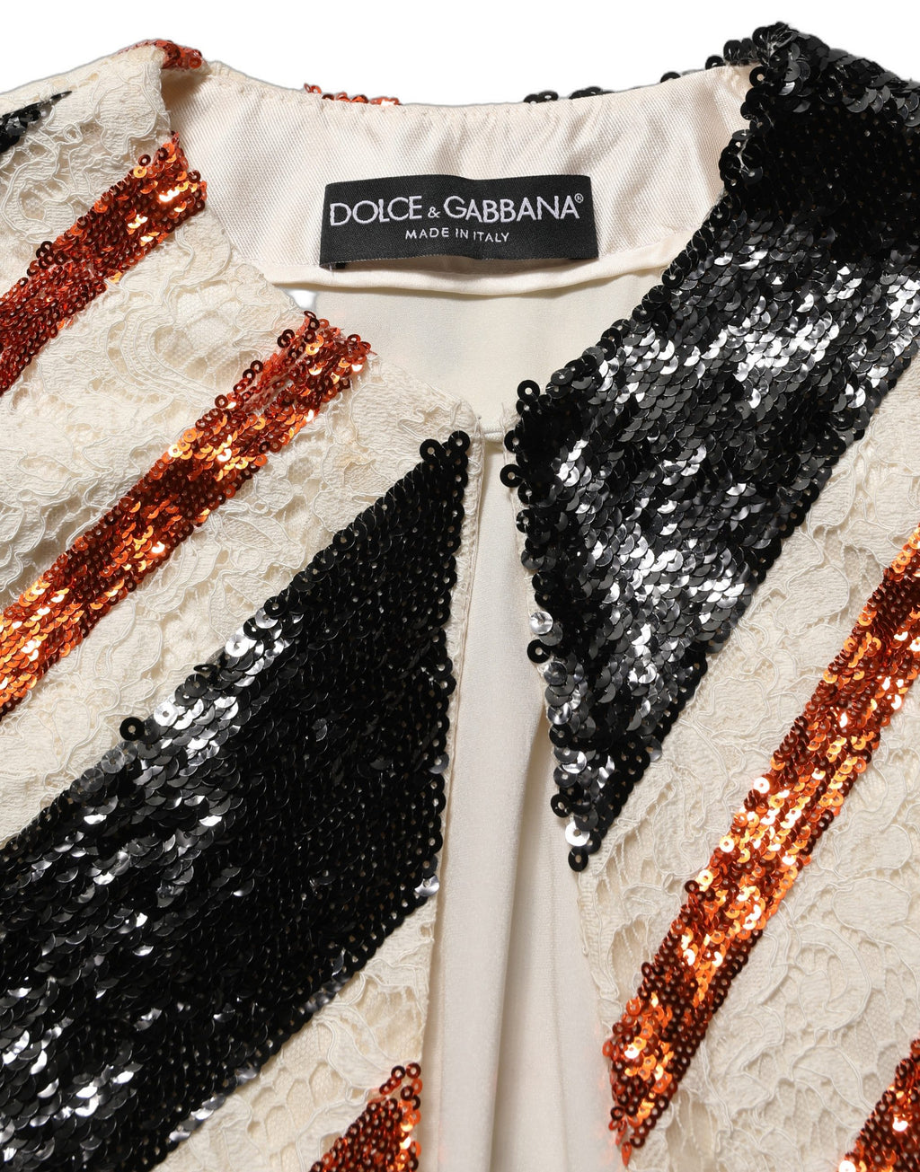 Manteau long Dolce & Gabbana à rayures multicolores avec sequins, veste duster élégante et tendance.