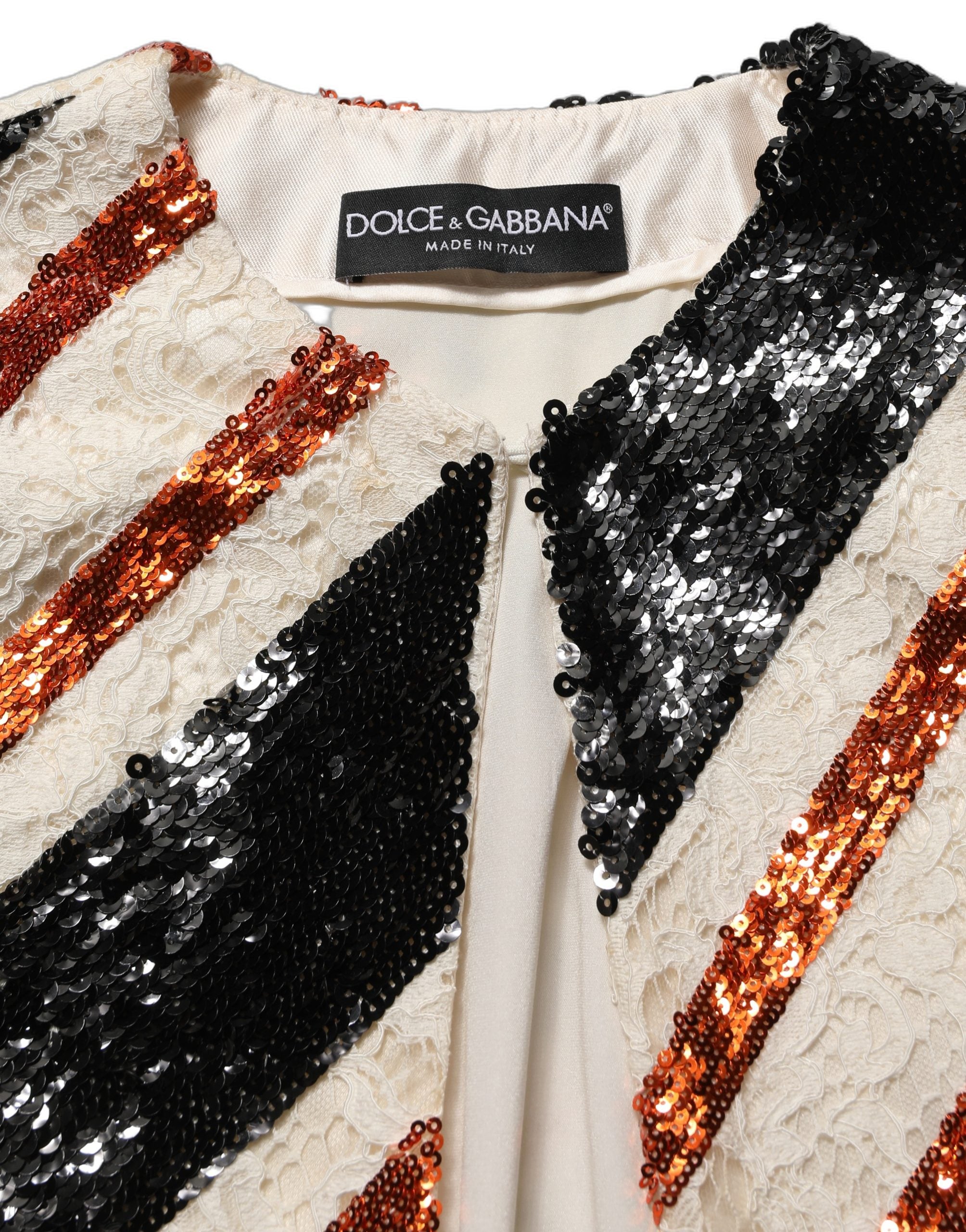 Manteau long Dolce & Gabbana à rayures multicolores avec sequins, veste duster élégante et tendance.