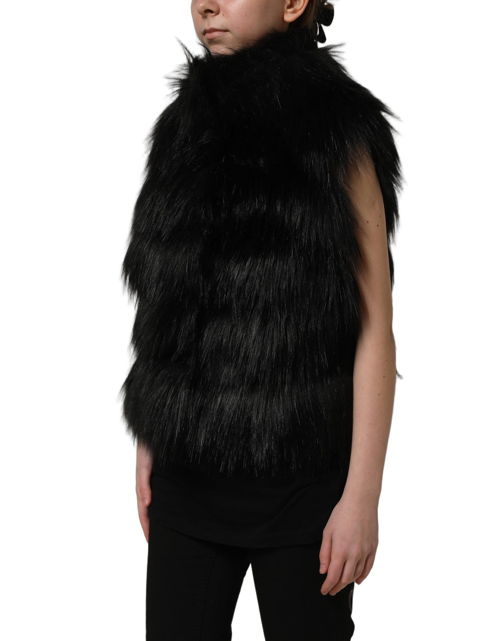 Gilet sans manches en acrylique noir avec fausse fourrure, veste Dolce & Gabbana, style élégant et moderne.